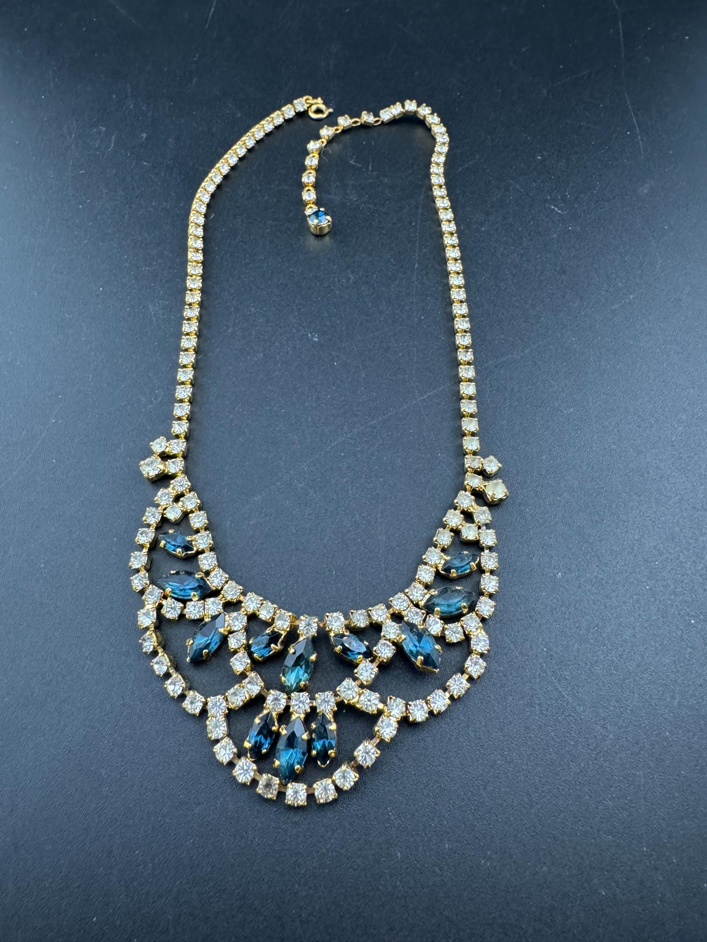 Sapphire blue diamanté crystal drop necklace, glass rhinestones, vintage