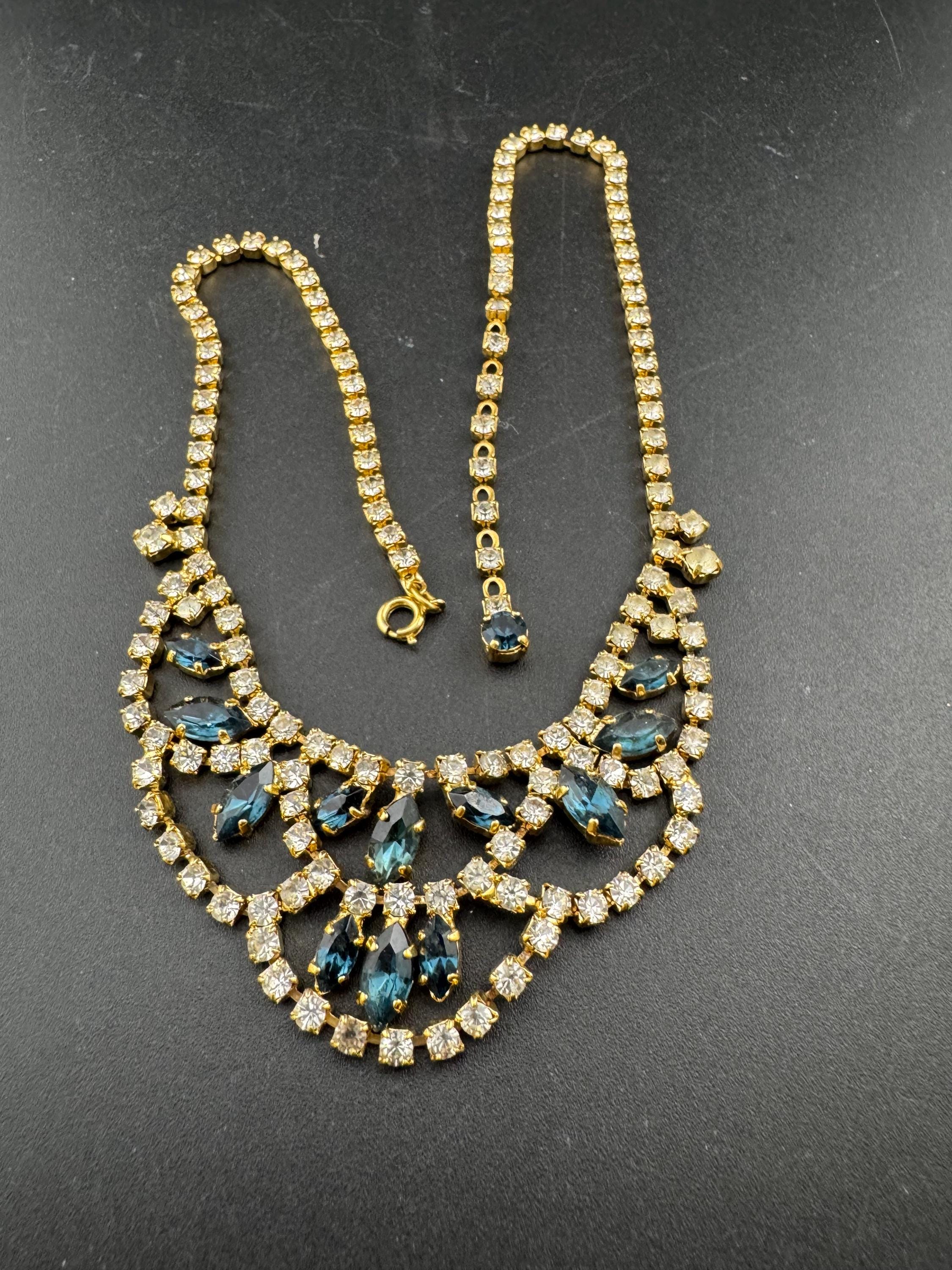 Sapphire blue diamanté crystal drop necklace, glass rhinestones, vintage