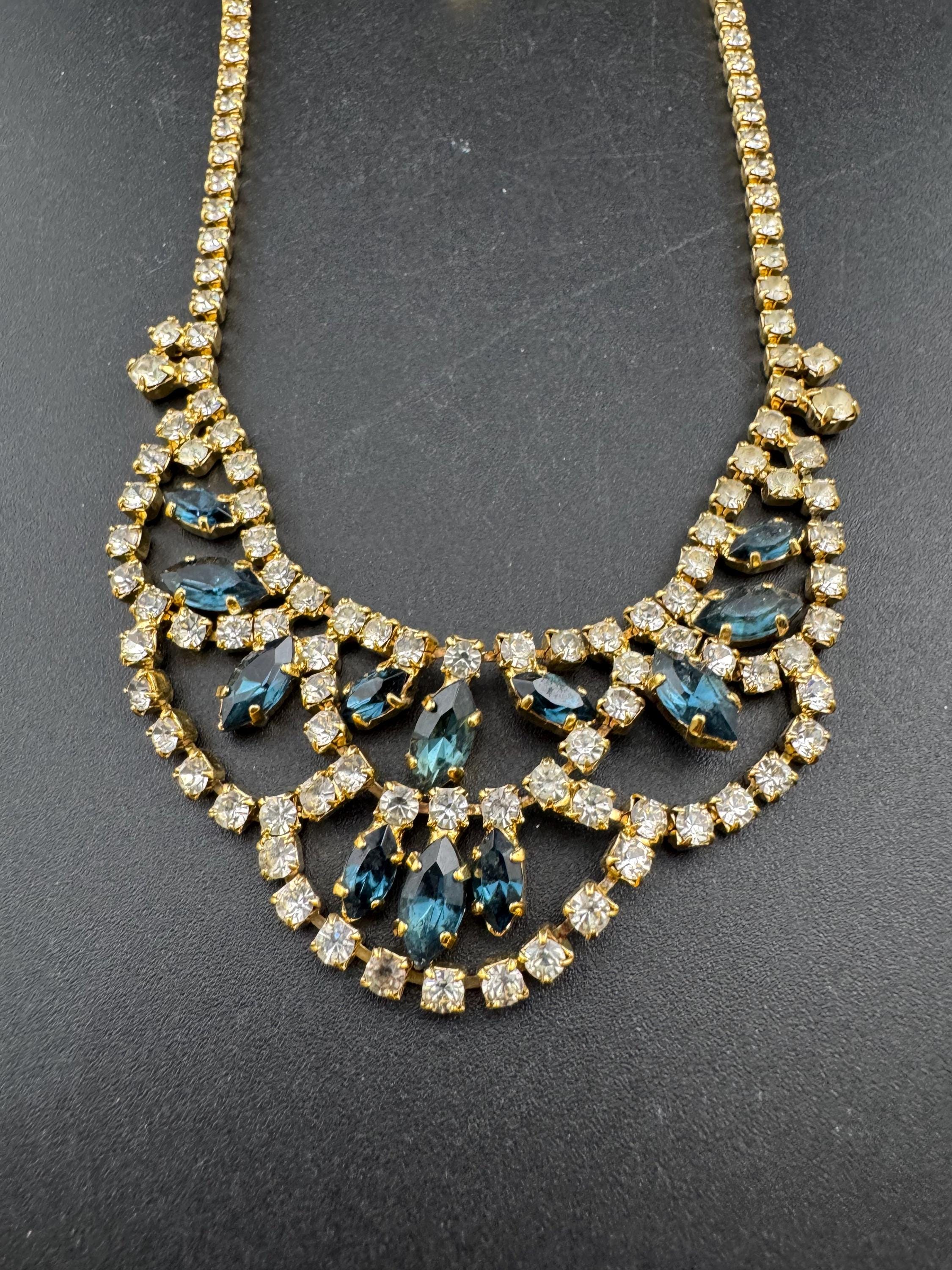 Sapphire blue diamanté crystal drop necklace, glass rhinestones, vintage