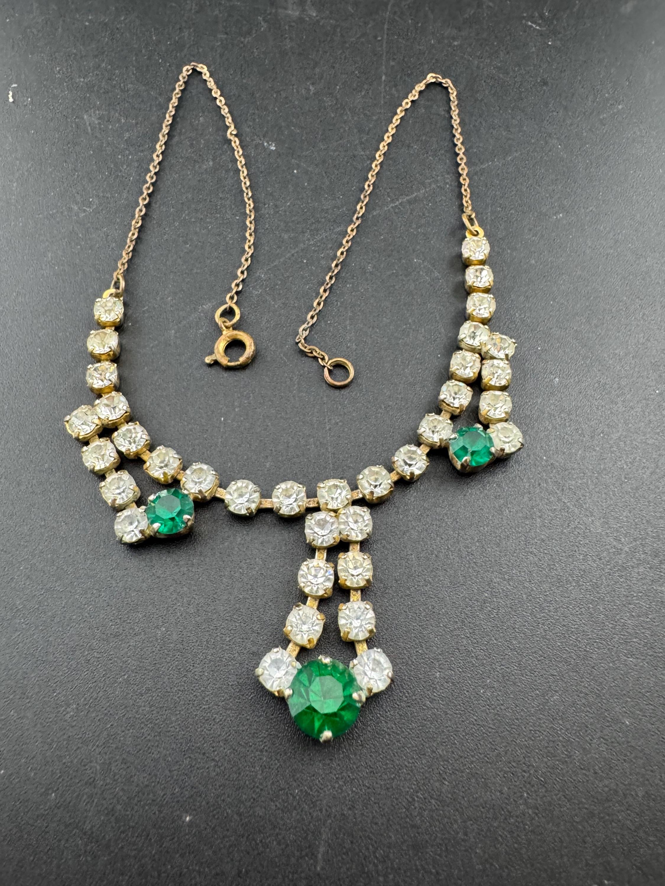 Emerald green diamanté crystal drop necklace, glass rhinestones, vintage