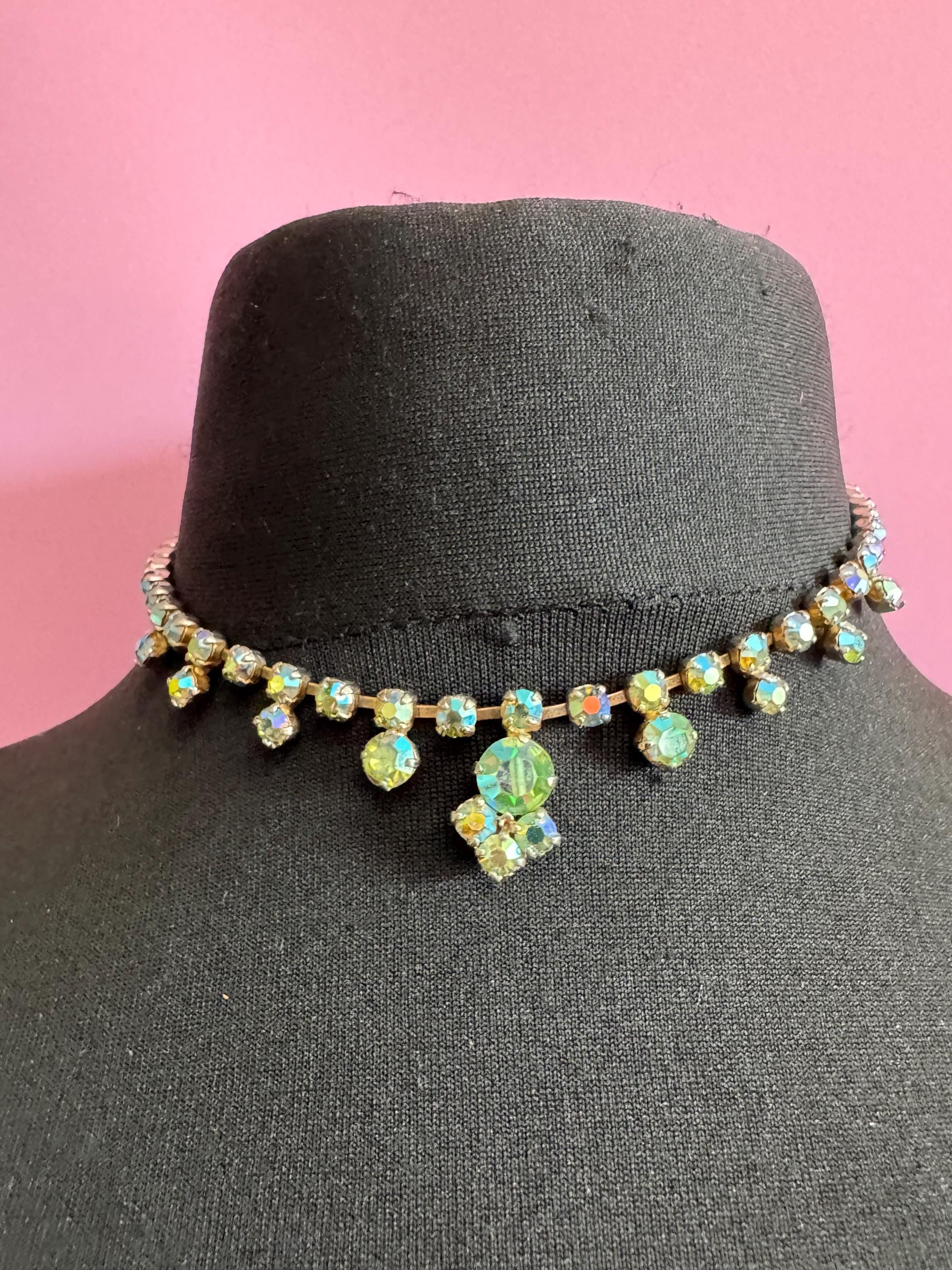 Uranium glass Petite fit 38.5 blue green Aurora borealis diamanté crystal necklace, glass, vintage