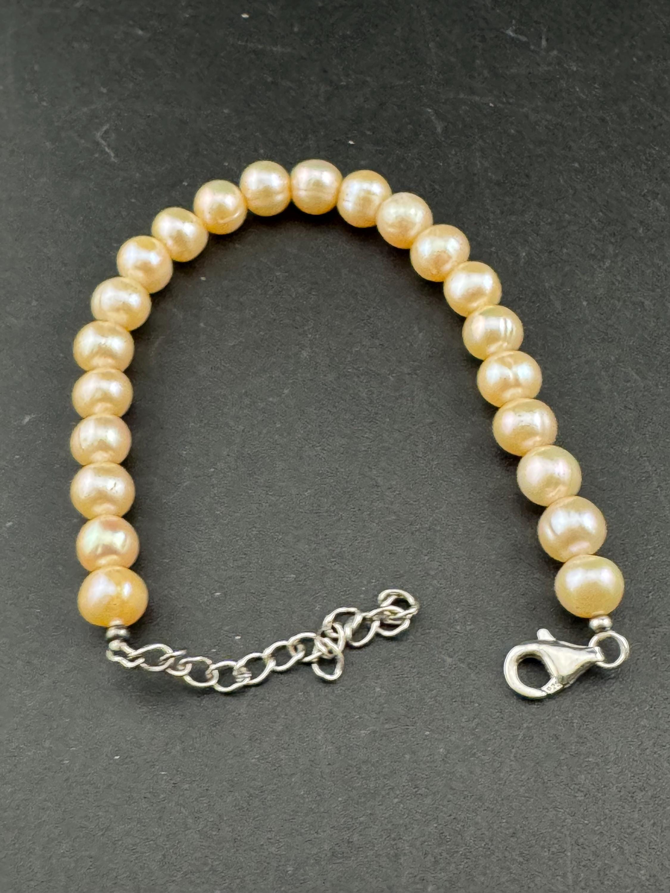 Vintage 925 sterling silver clasp modernist genuine pink beige freshwater pearl beaded bracelet 17-25cm