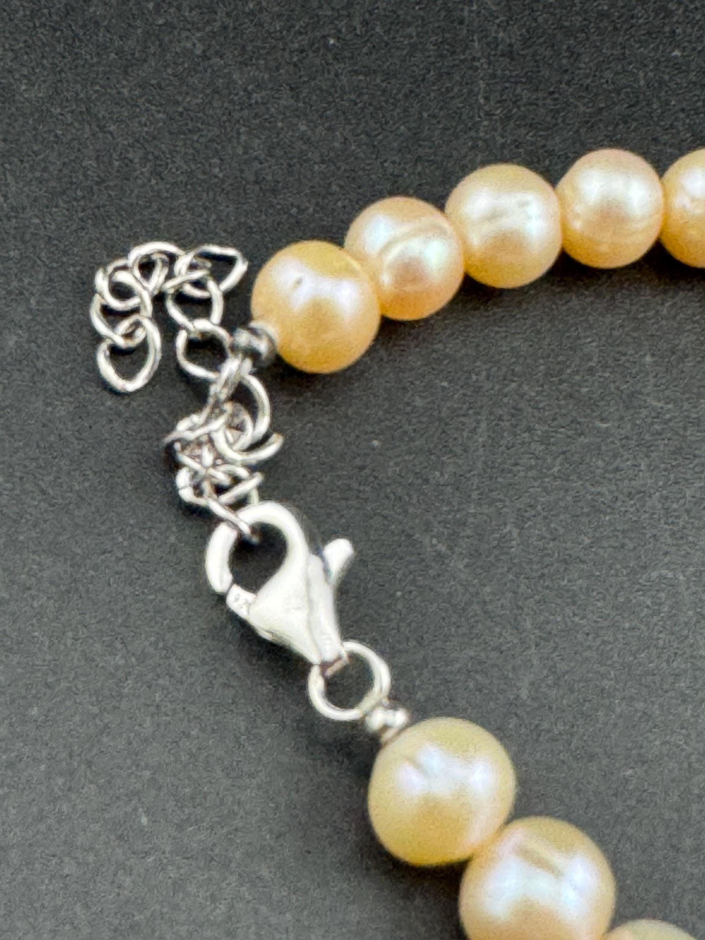 Vintage 925 sterling silver clasp modernist genuine pink beige freshwater pearl beaded bracelet 17-25cm