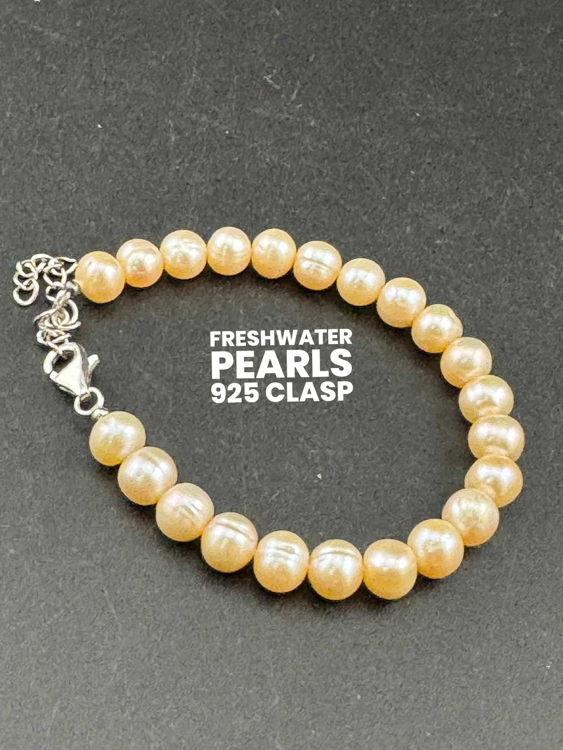 Vintage 925 sterling silver clasp modernist genuine pink beige freshwater pearl beaded bracelet 17-25cm