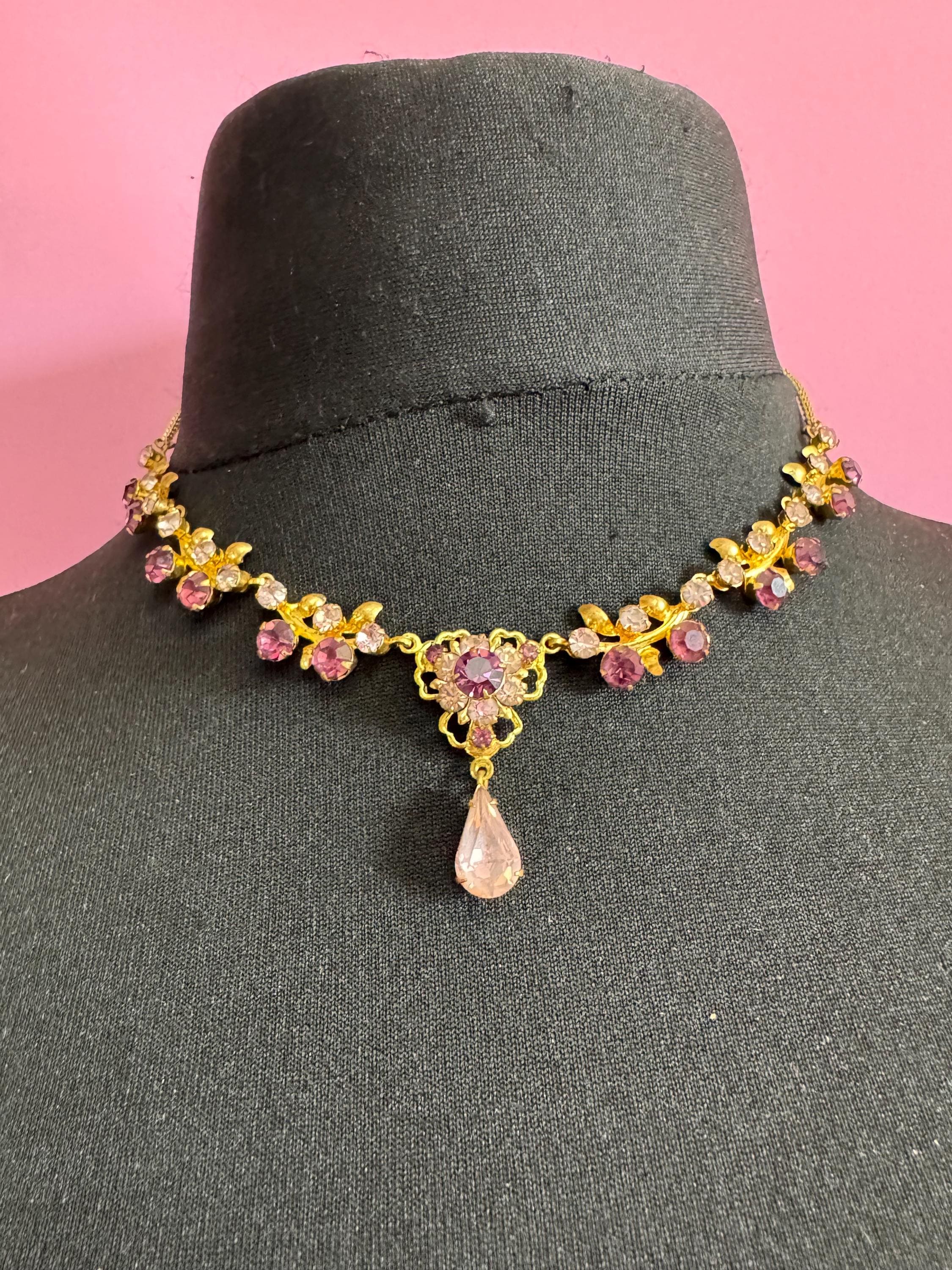 Purple diamanté crystal drop necklace, glass rhinestones, vintage