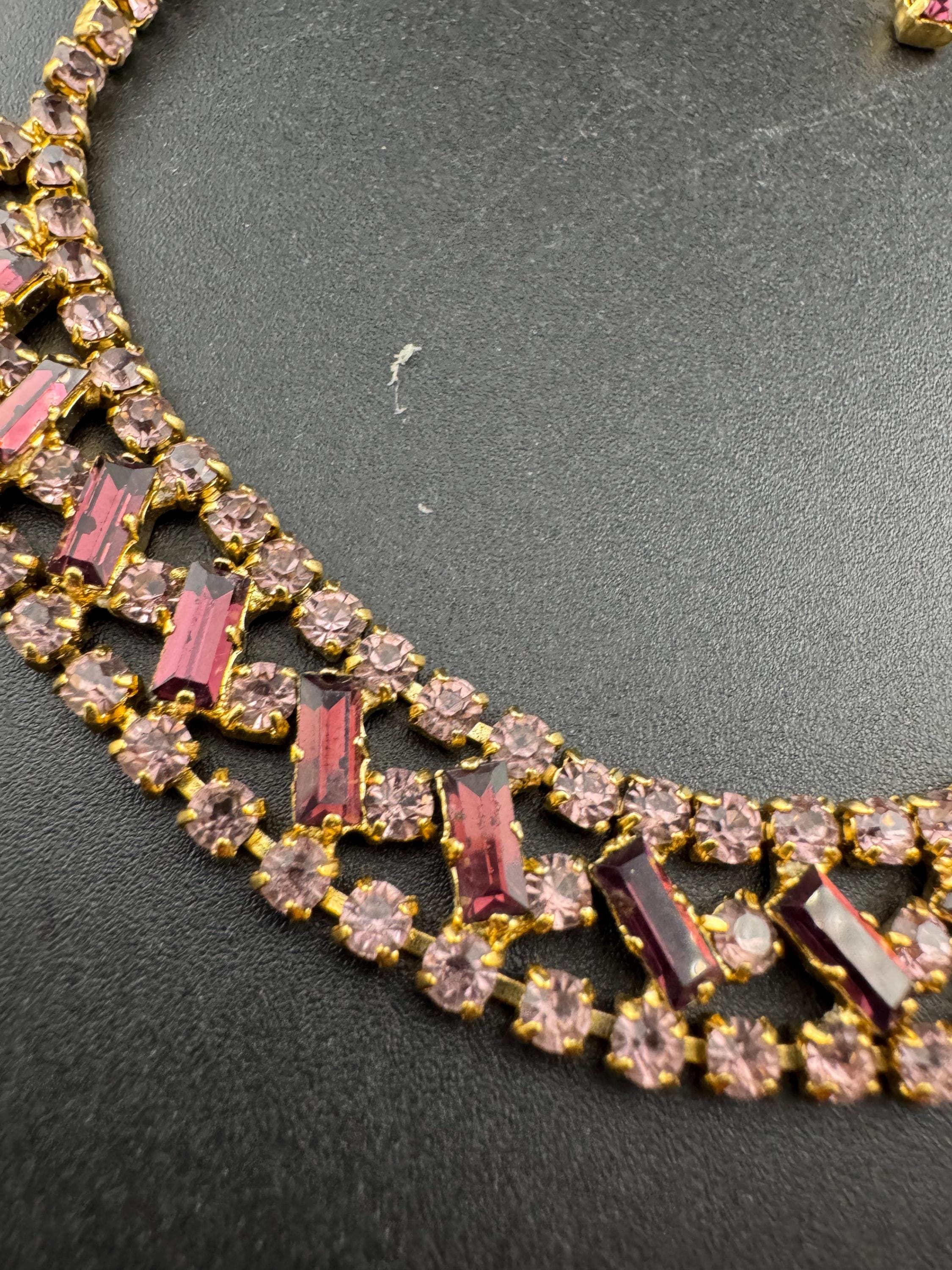 Purple amethyst baguette diamanté crystal choker necklace, glass rhinestones, vintage