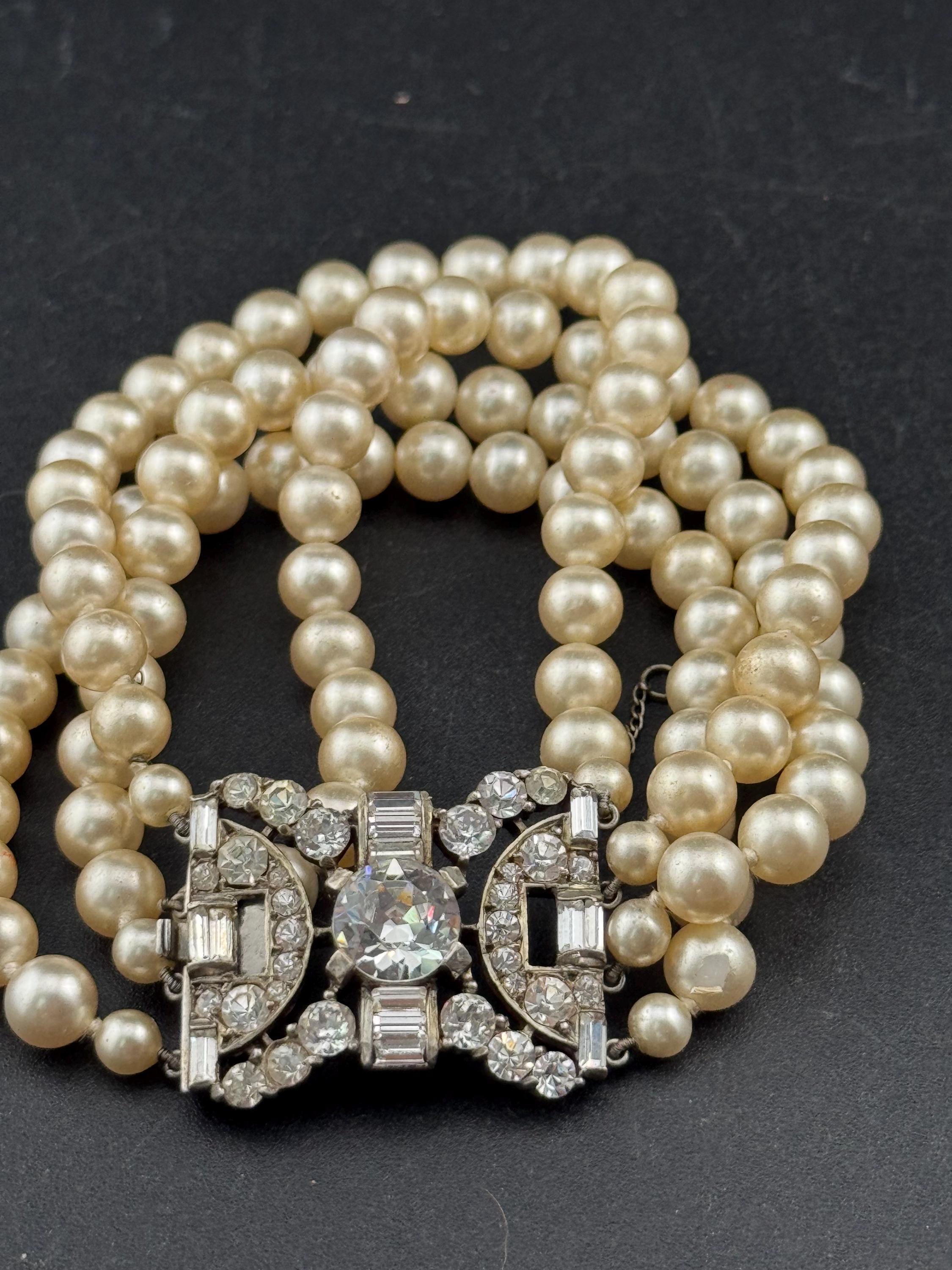 Vintage Ciro Faux Pearl Multistrand Bracelet: Sterling Silver Rhinestone Clasp