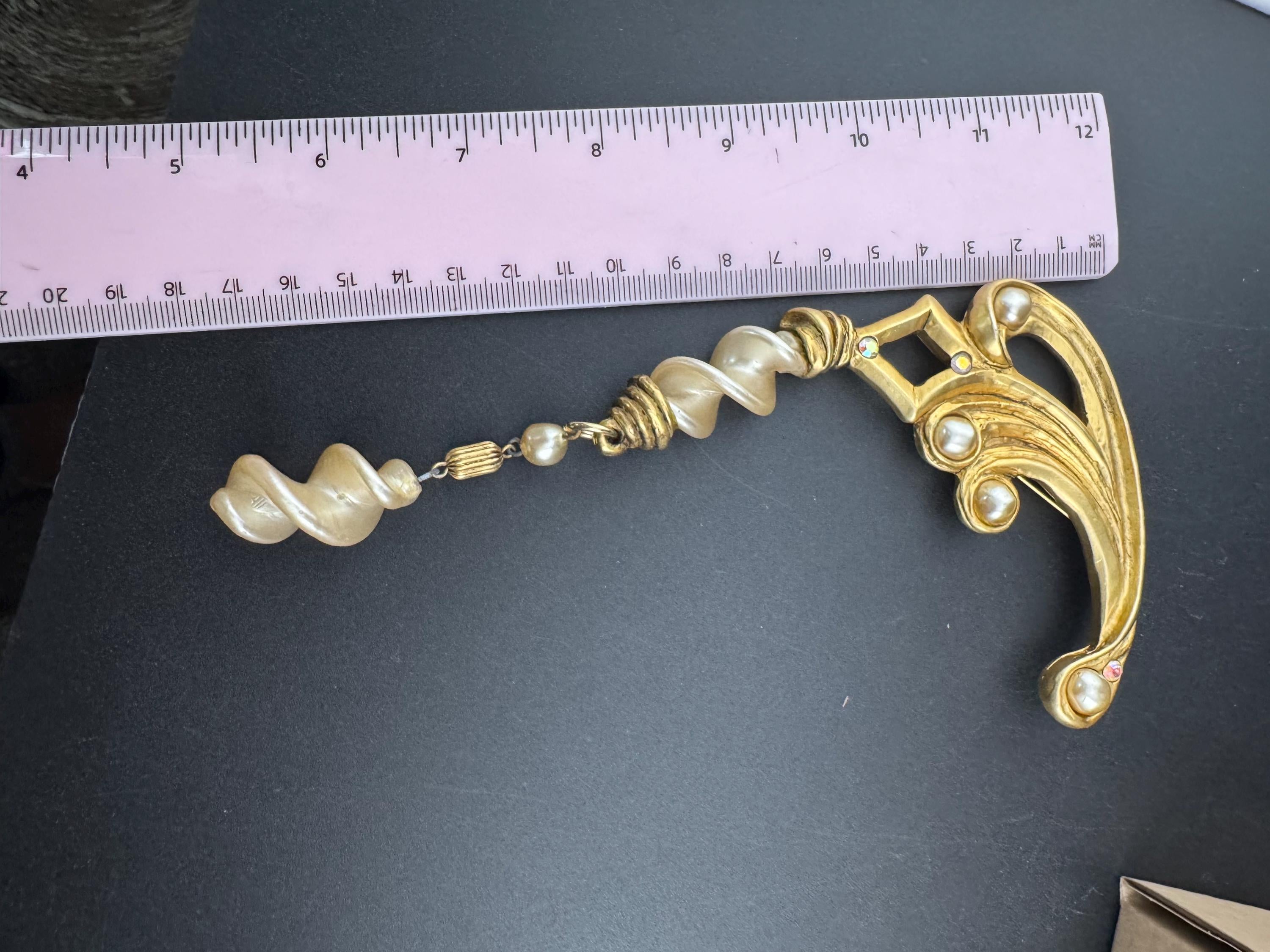 Vintage Clare Deve Faux Pearl Brooch: 1980s Paris Designer Resin Dangle, signed