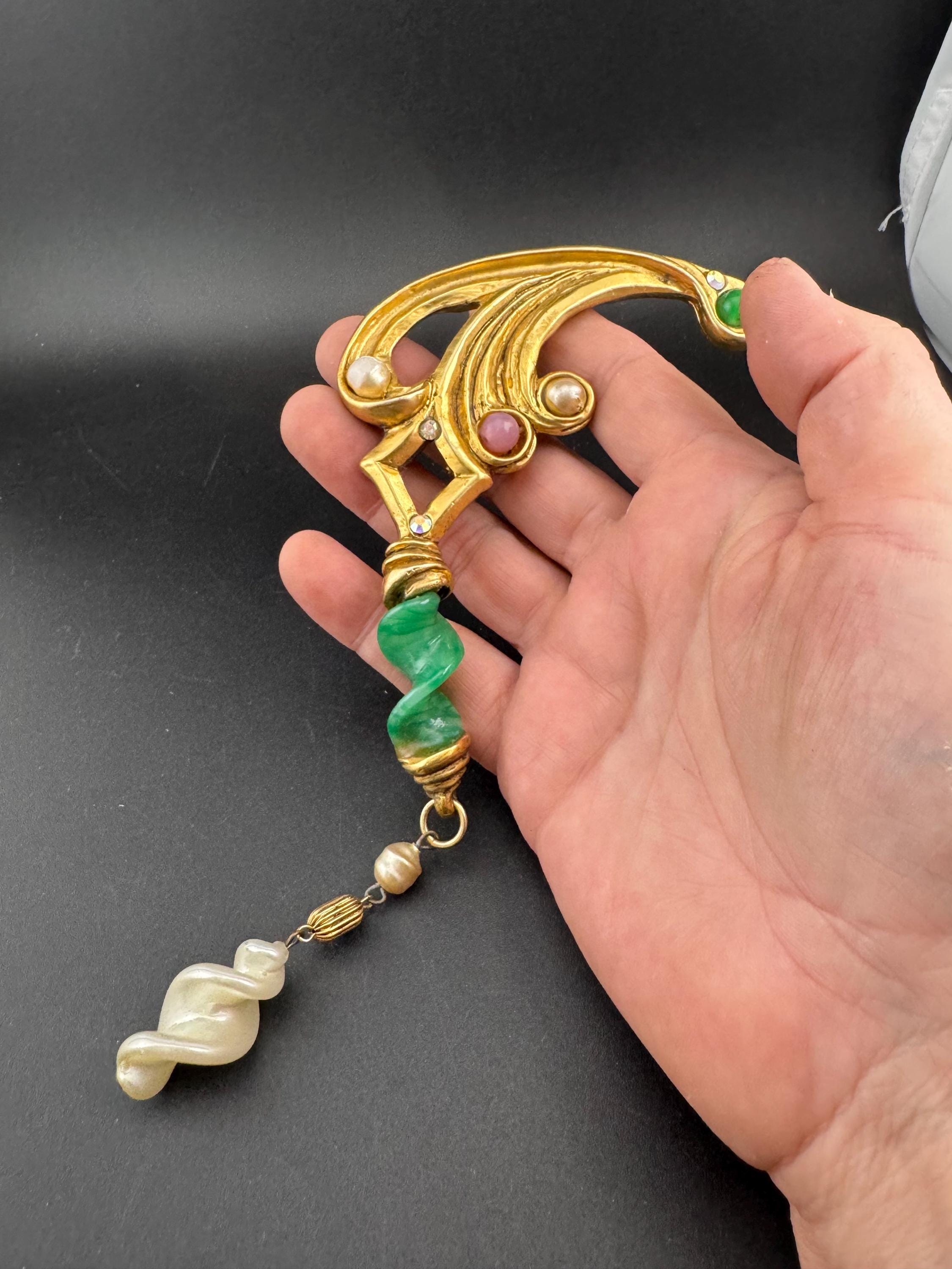 1980s signed Clare Deve huge high end oversized faux pearl and green dangle drop brooch, Paris designer gold resin