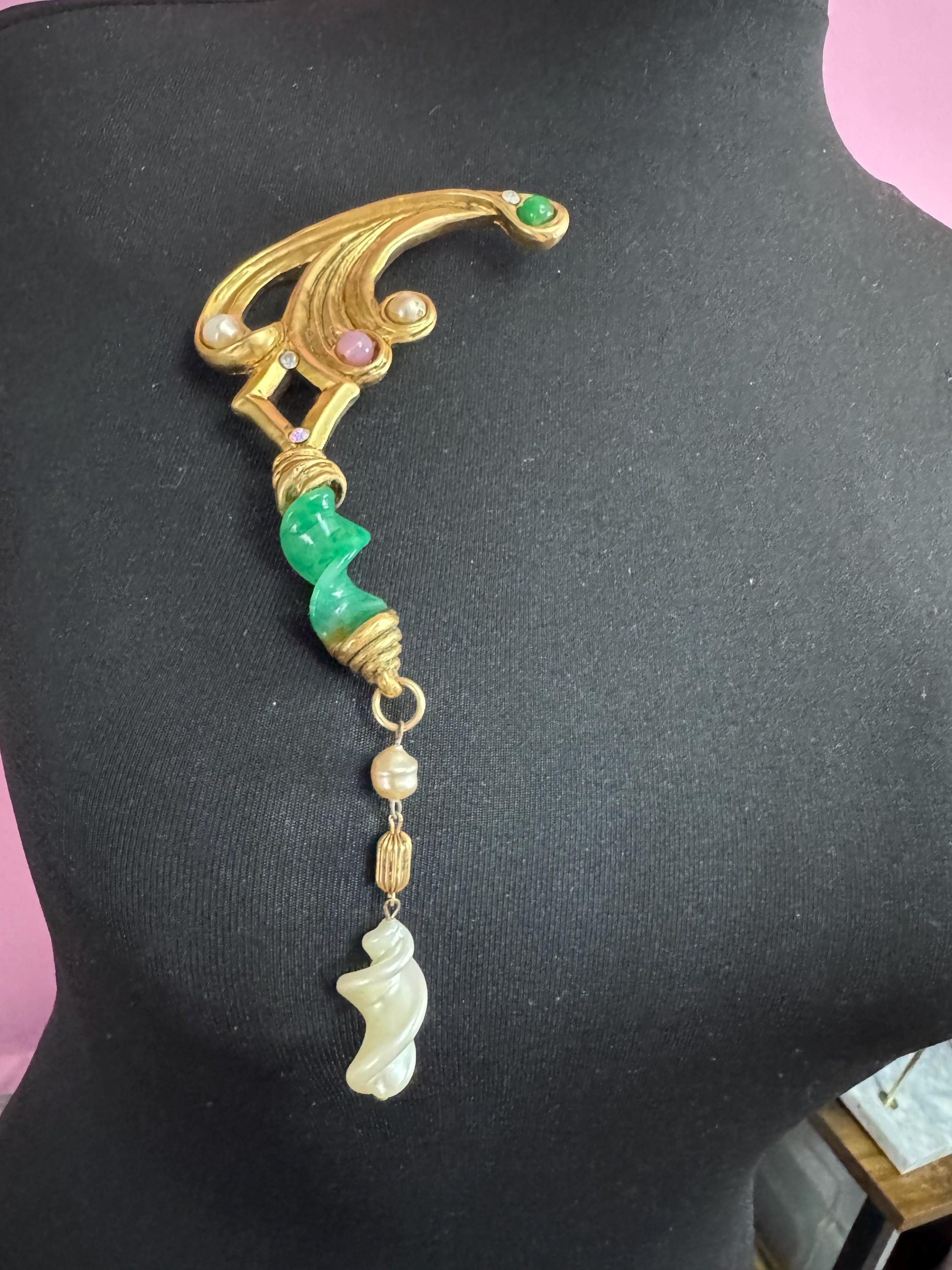 1980s signed Clare Deve huge high end oversized faux pearl and green dangle drop brooch, Paris designer gold resin
