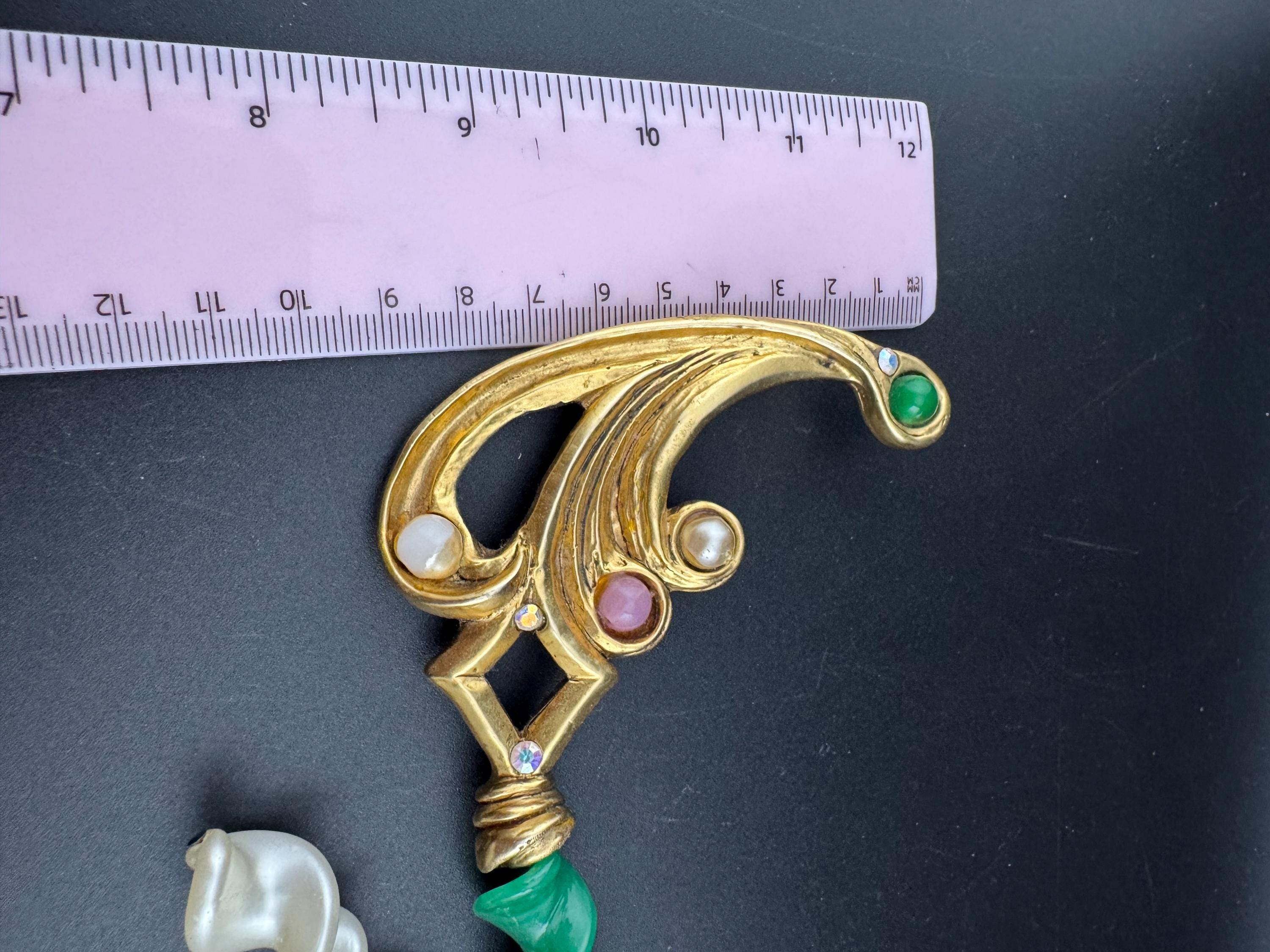 1980s signed Clare Deve huge high end oversized faux pearl and green dangle drop brooch, Paris designer gold resin