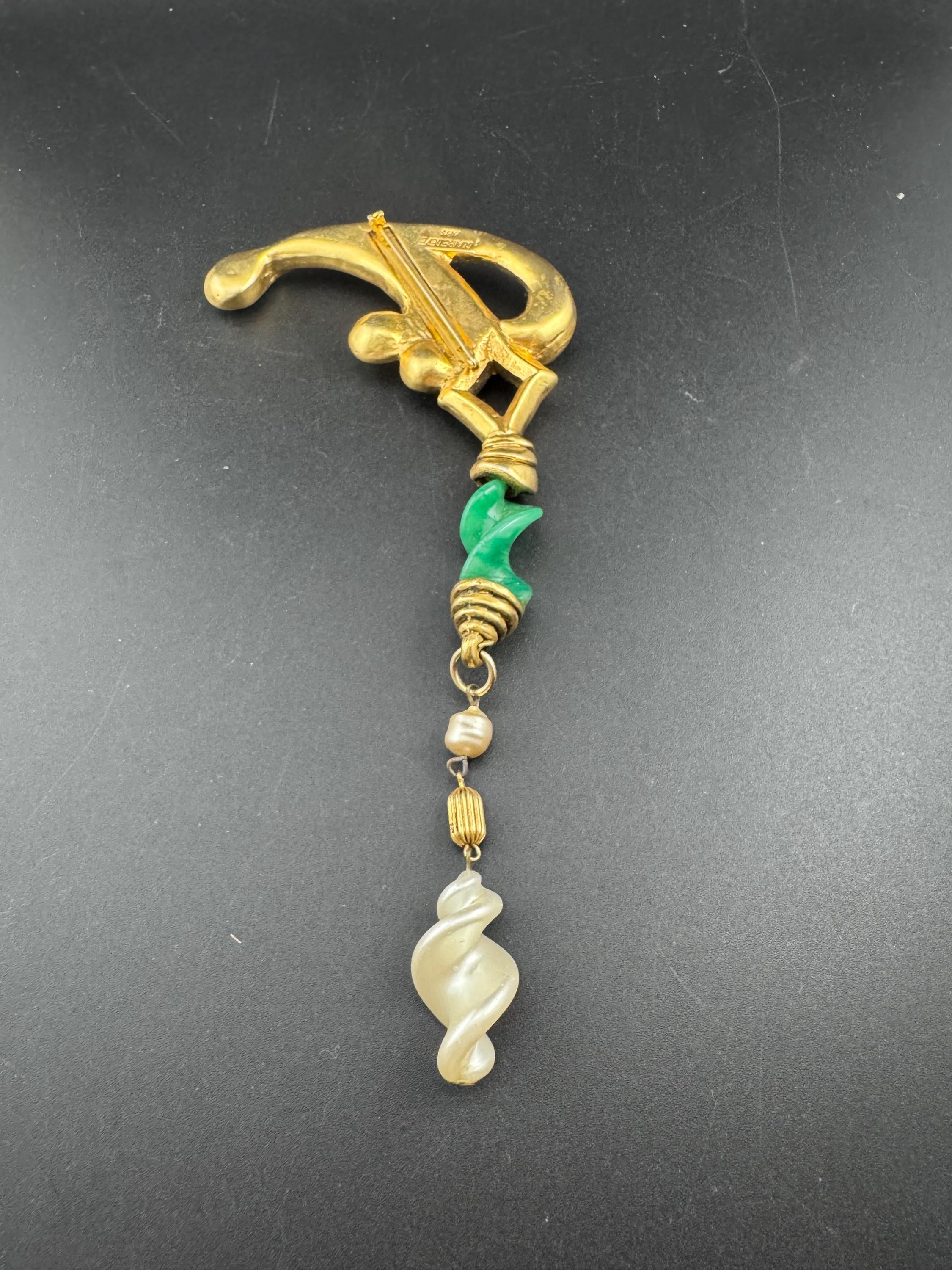 1980s signed Clare Deve huge high end oversized faux pearl and green dangle drop brooch, Paris designer gold resin