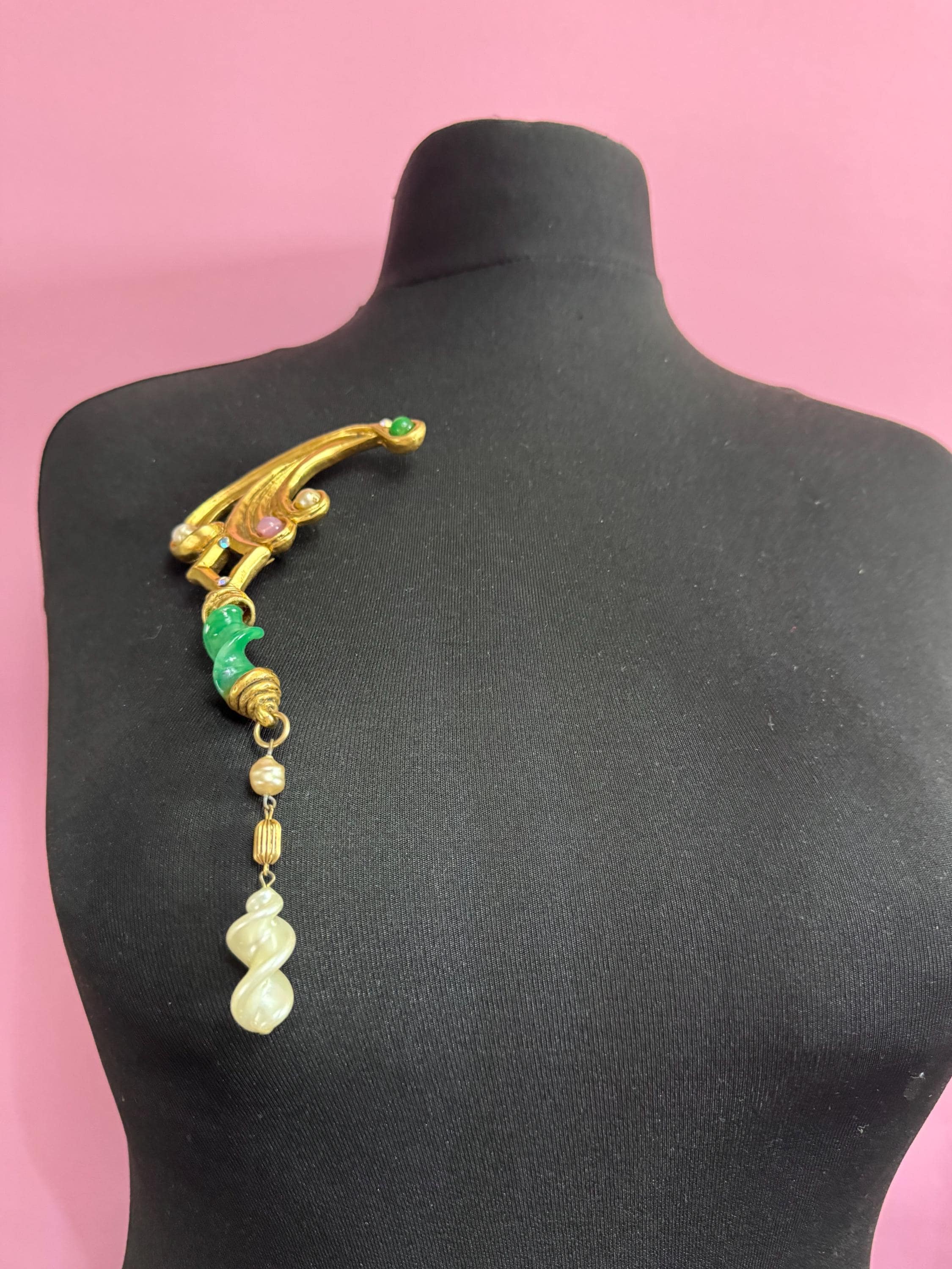 1980s signed Clare Deve huge high end oversized faux pearl and green dangle drop brooch, Paris designer gold resin