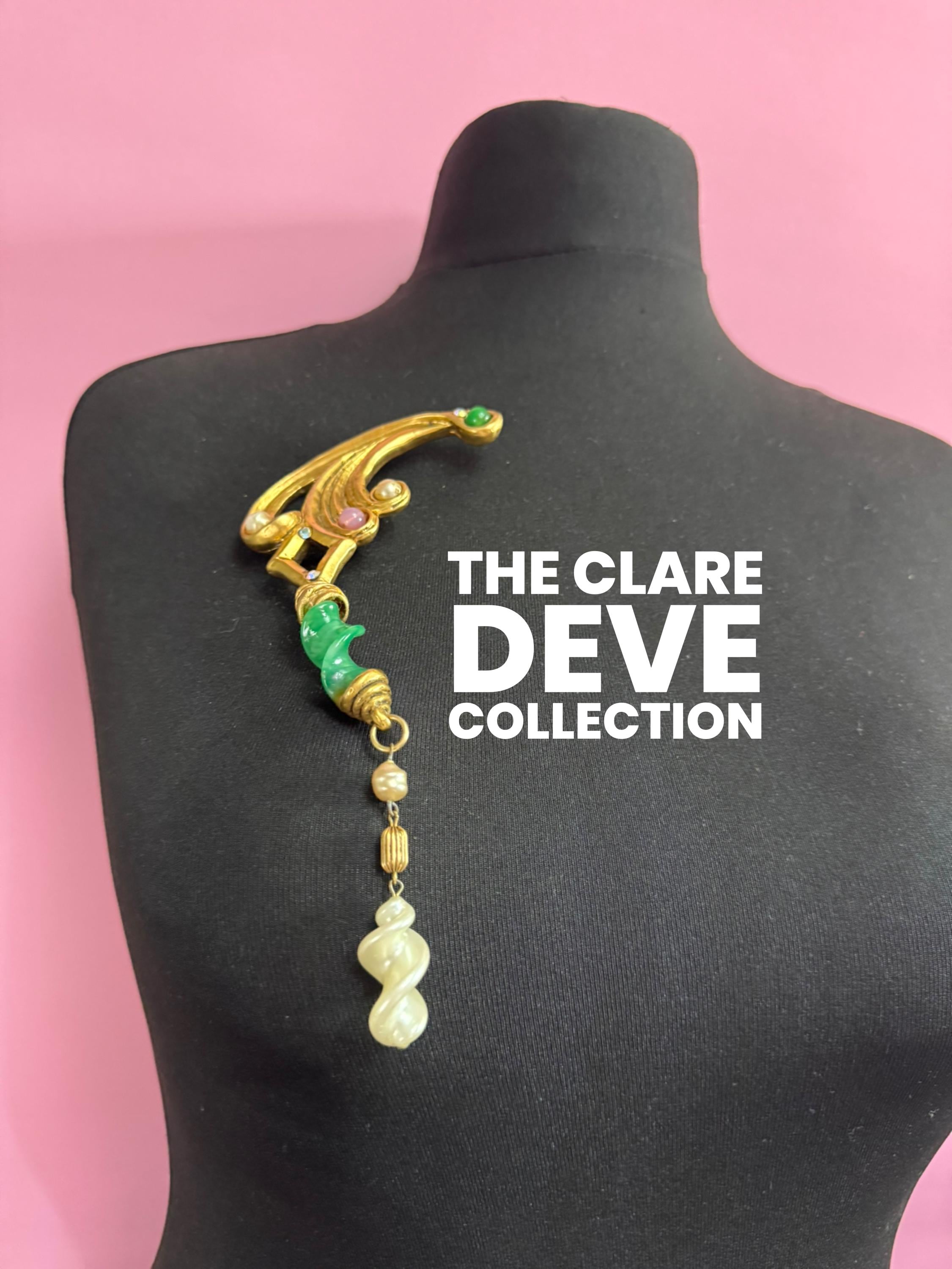 1980s signed Clare Deve huge high end oversized faux pearl and green dangle drop brooch, Paris designer gold resin