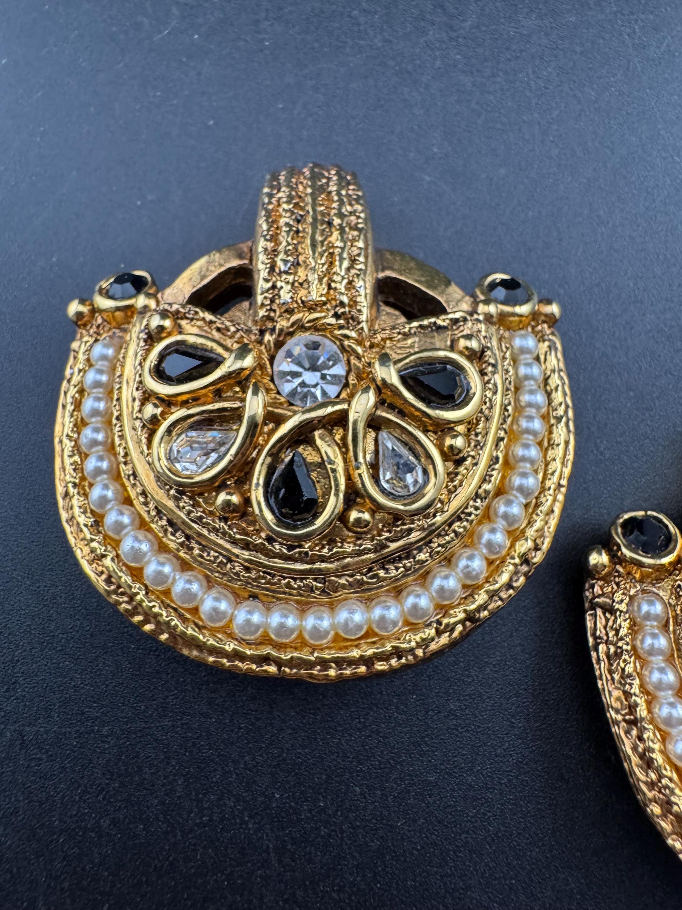 1980s signed Clare Deve huge high end oversized pair of black rhinestone stud clip on earrings , Paris designer gold resin