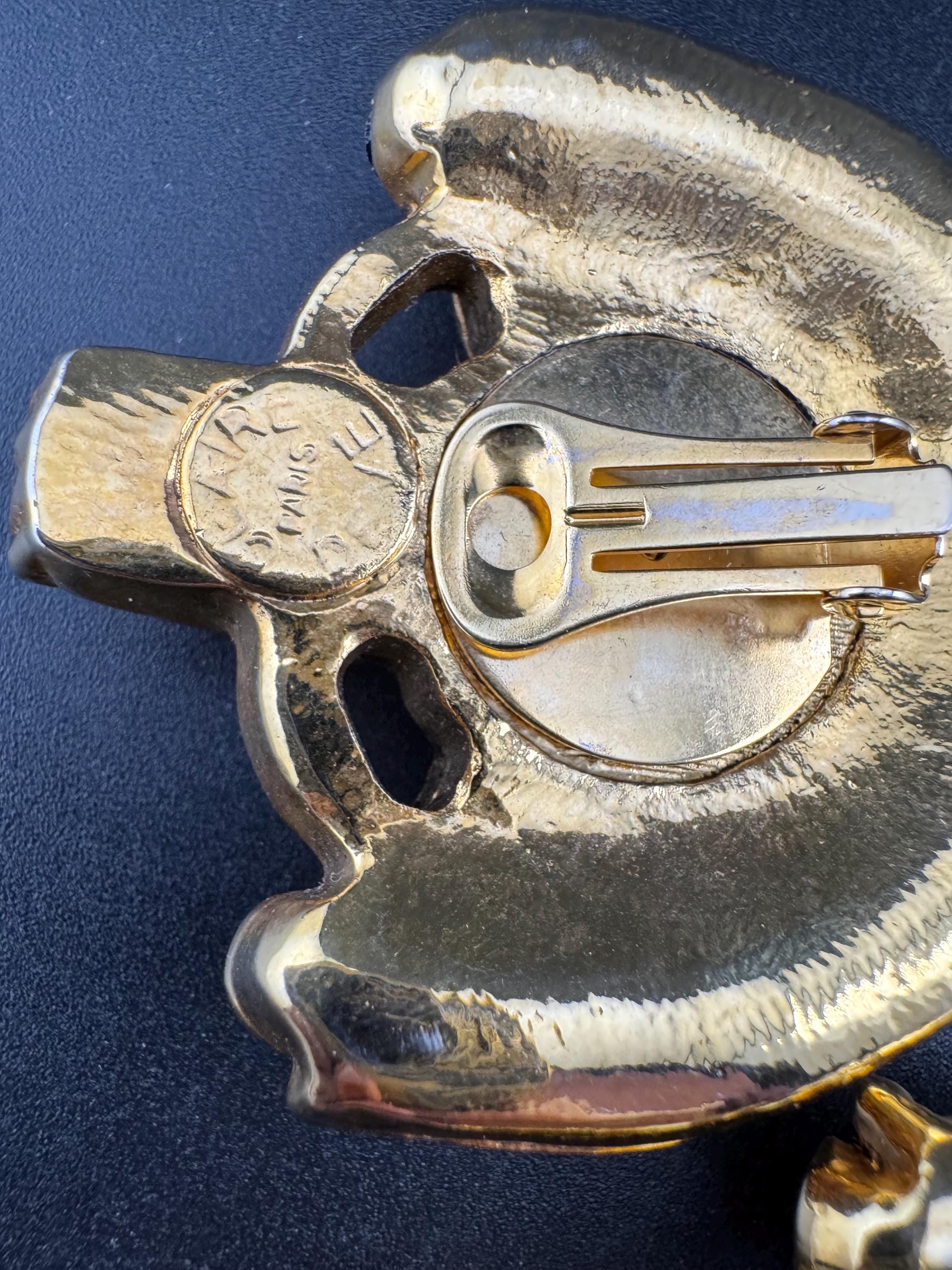 Signed 1980s Clare Deve Rhinestone Clip On Earrings: Paris Designer Resin Jewelry