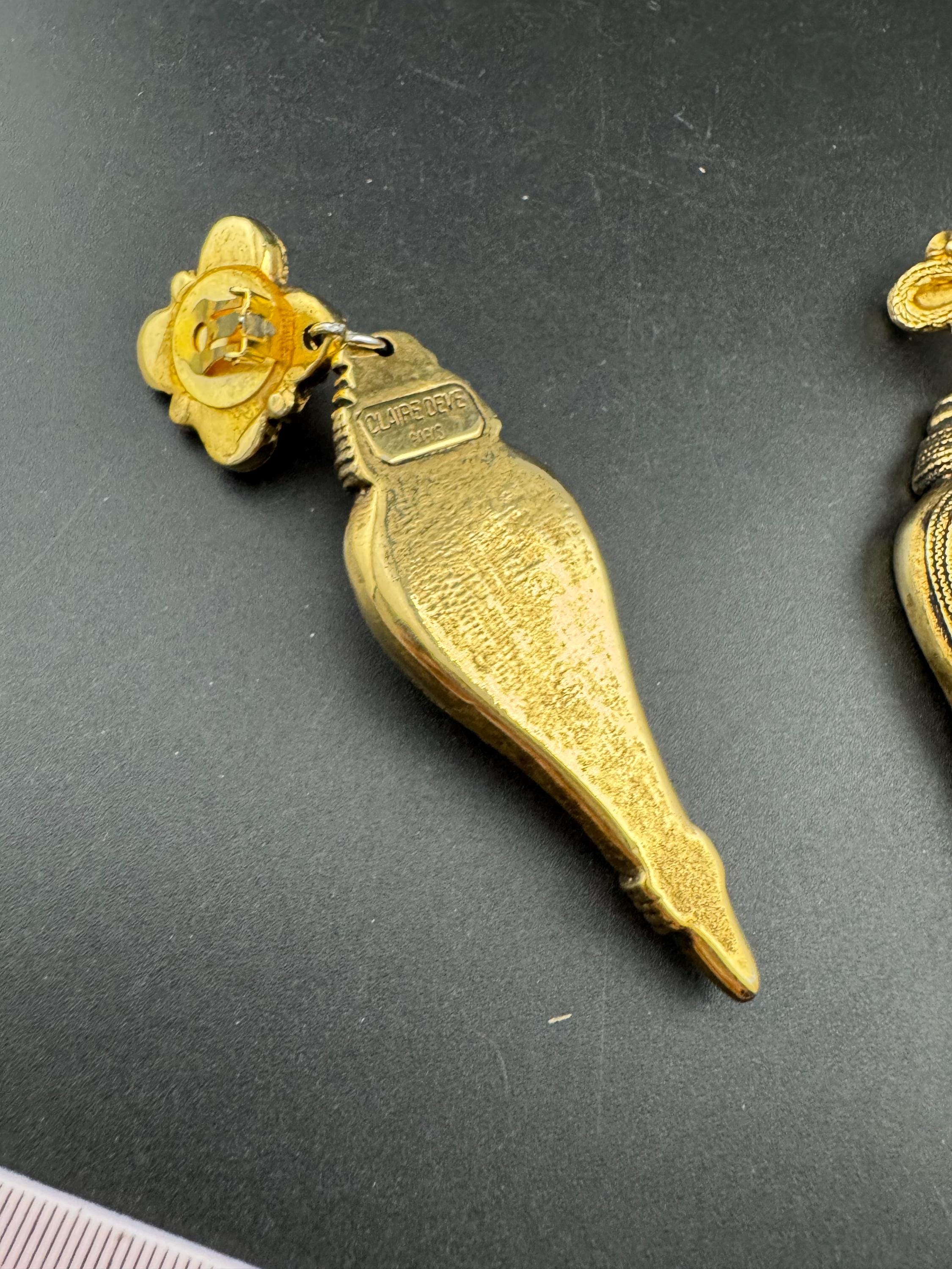 1980s signed Clare Deve huge high end oversized pair of faux pearl 11cm dangly drop clip on earrings , Paris designer gold resin
