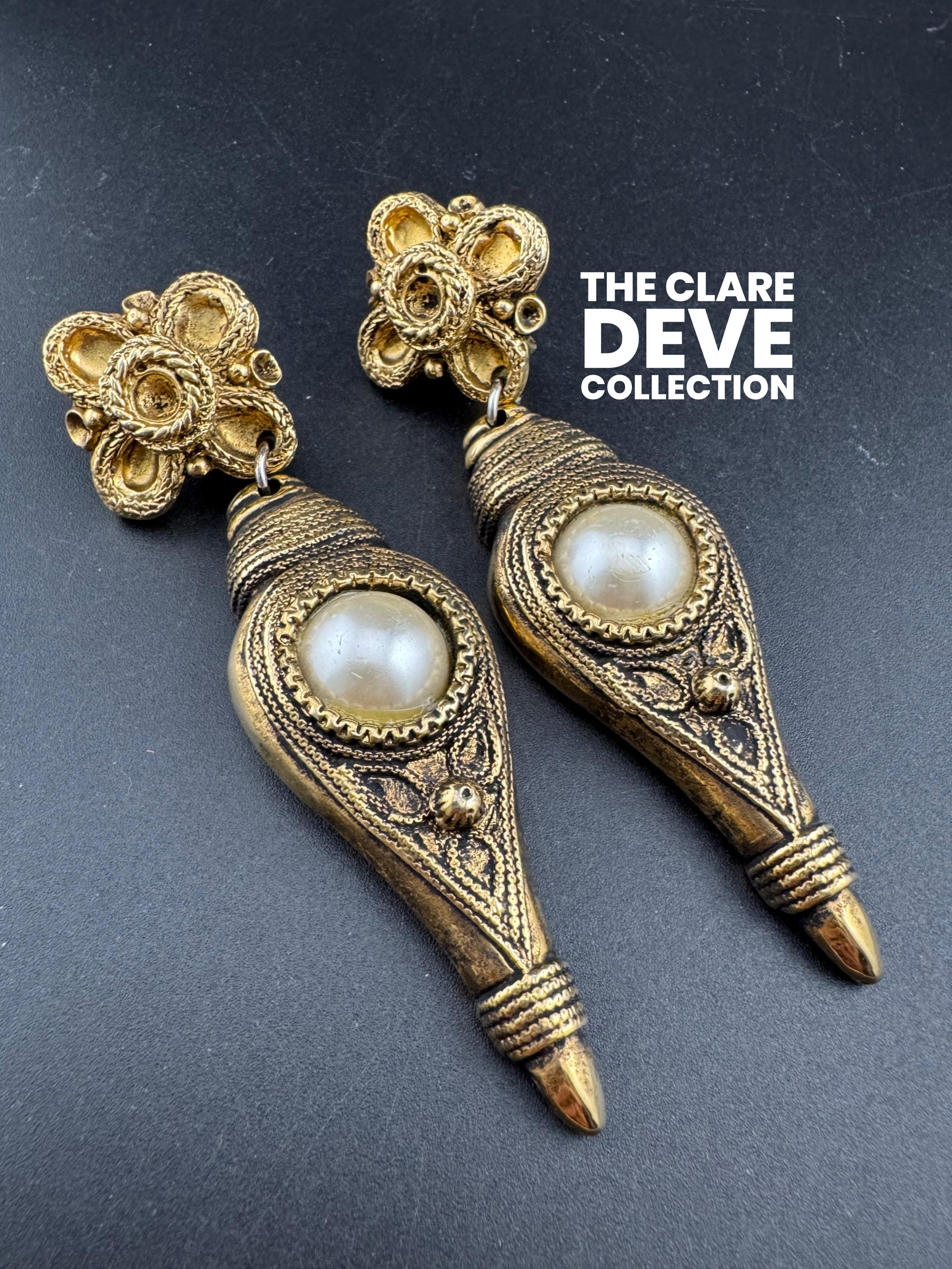 1980s signed Clare Deve huge high end oversized pair of faux pearl 11cm dangly drop clip on earrings , Paris designer gold resin