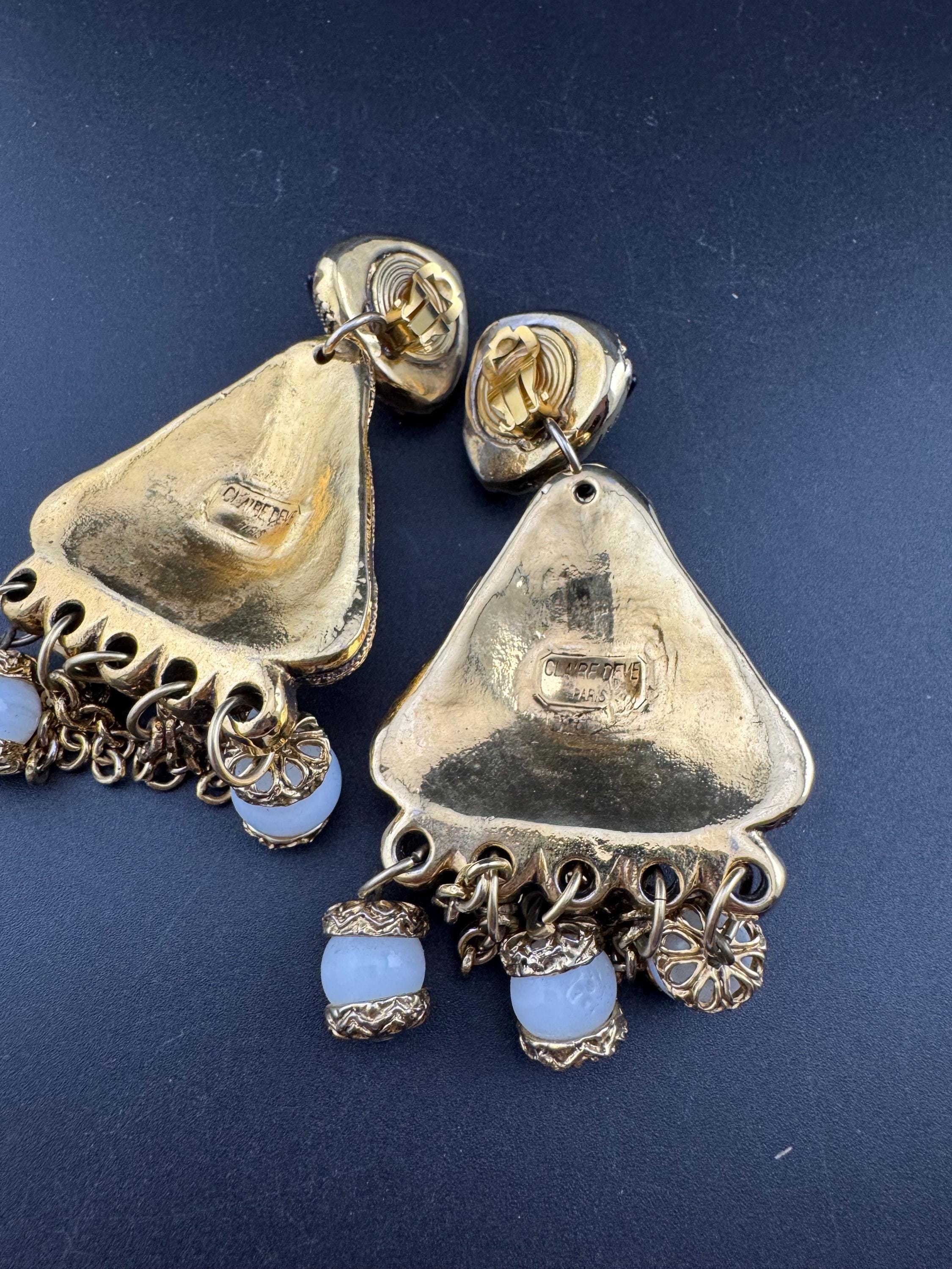 1980s signed Clare Deve huge high end oversized pair of faux pearl 10.5cm glass cab dangly drop clip on earrings , Paris designer gold resin