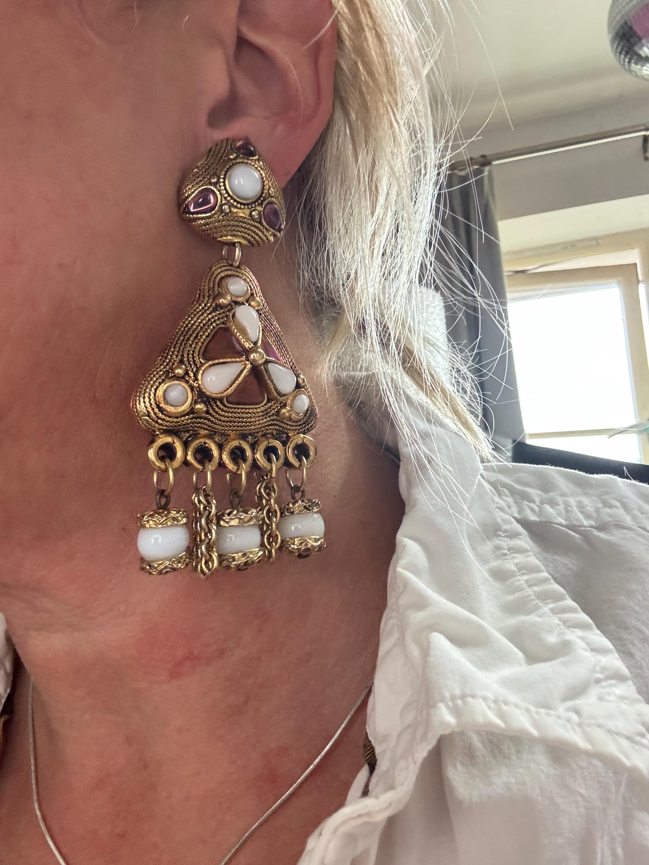 1980s signed Clare Deve huge high end oversized pair of faux pearl 10.5cm glass cab dangly drop clip on earrings , Paris designer gold resin