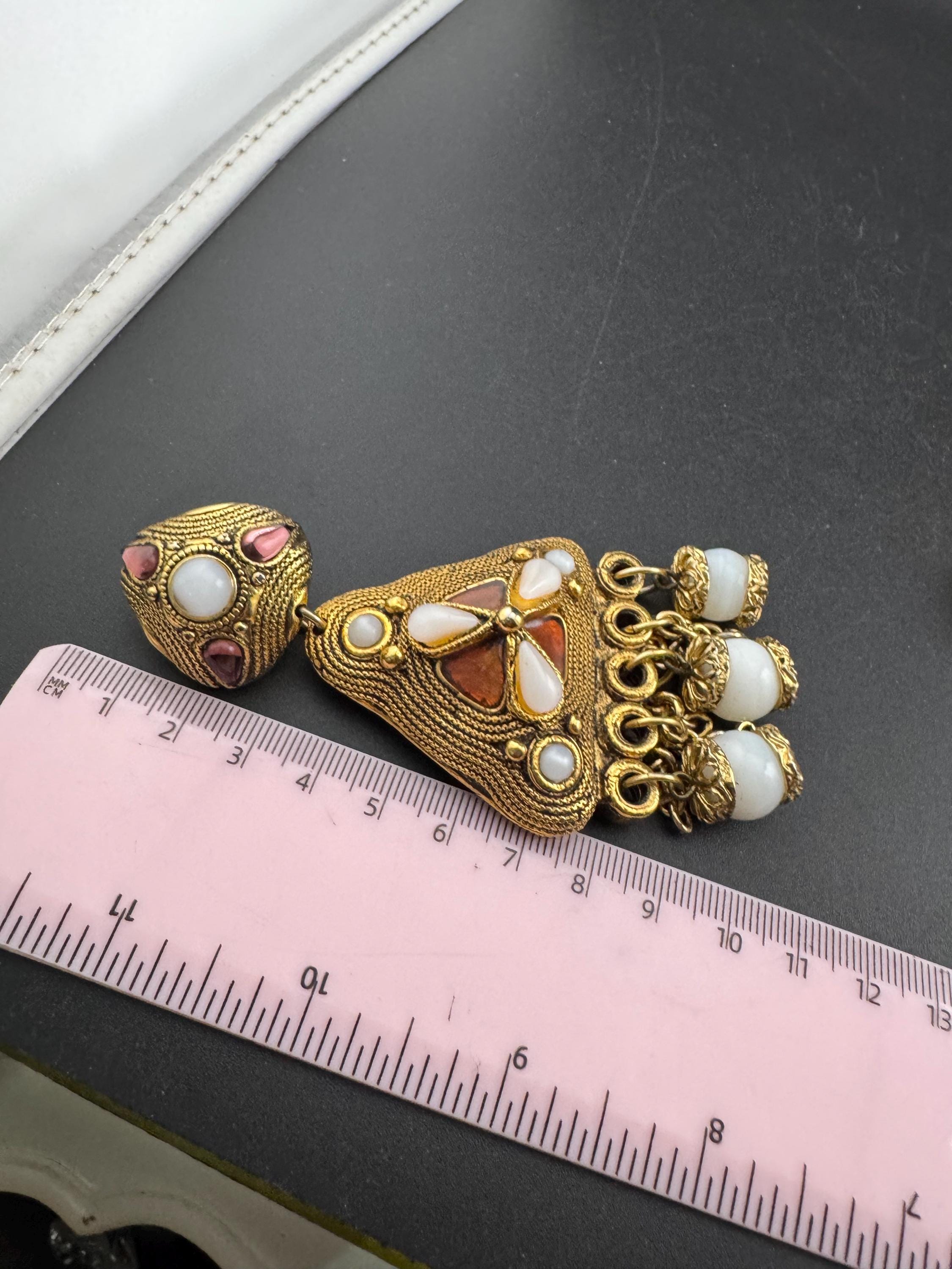 1980s signed Clare Deve huge high end oversized pair of faux pearl 10.5cm glass cab dangly drop clip on earrings , Paris designer gold resin