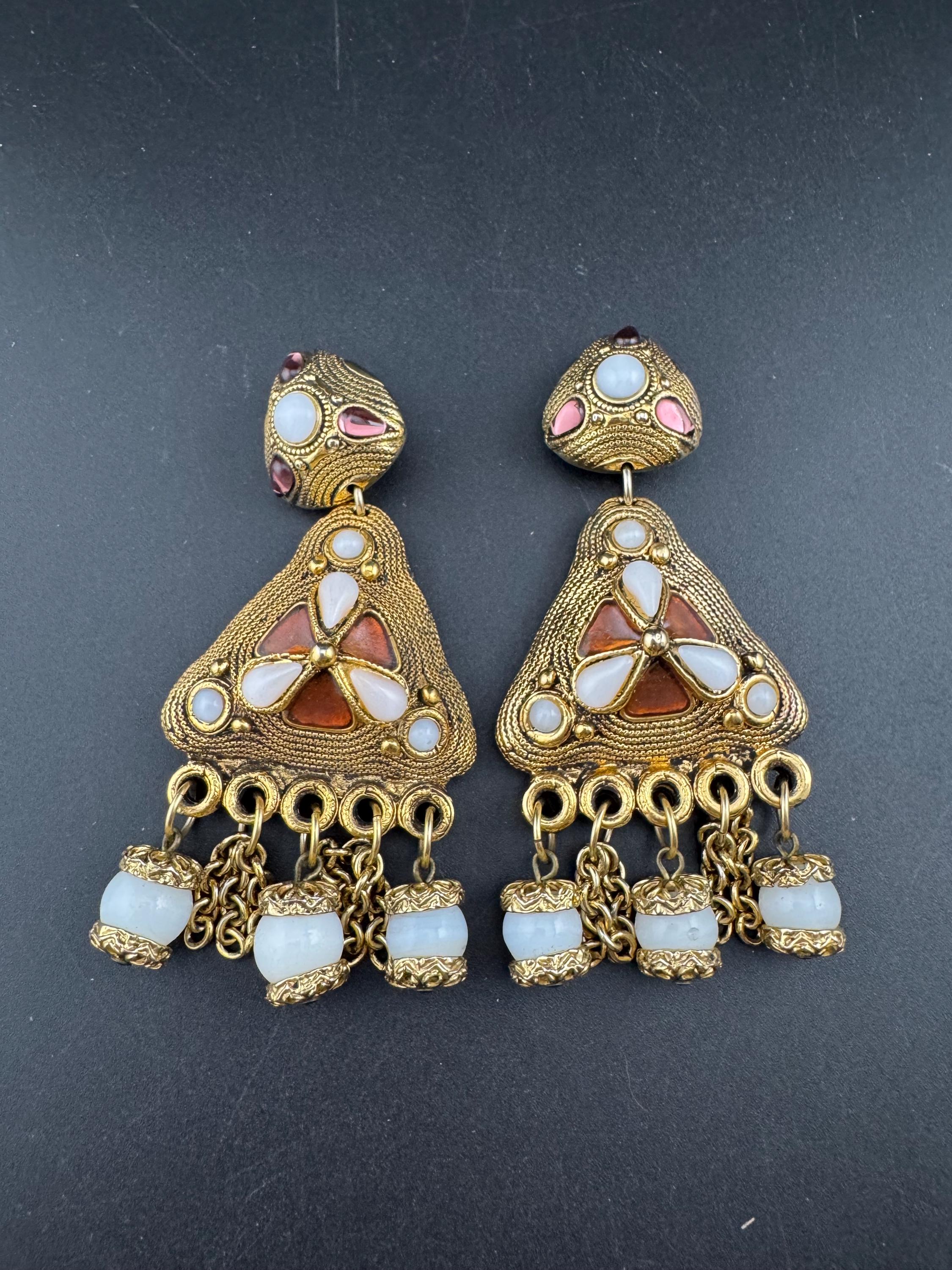 1980s signed Clare Deve huge high end oversized pair of faux pearl 10.5cm glass cab dangly drop clip on earrings , Paris designer gold resin