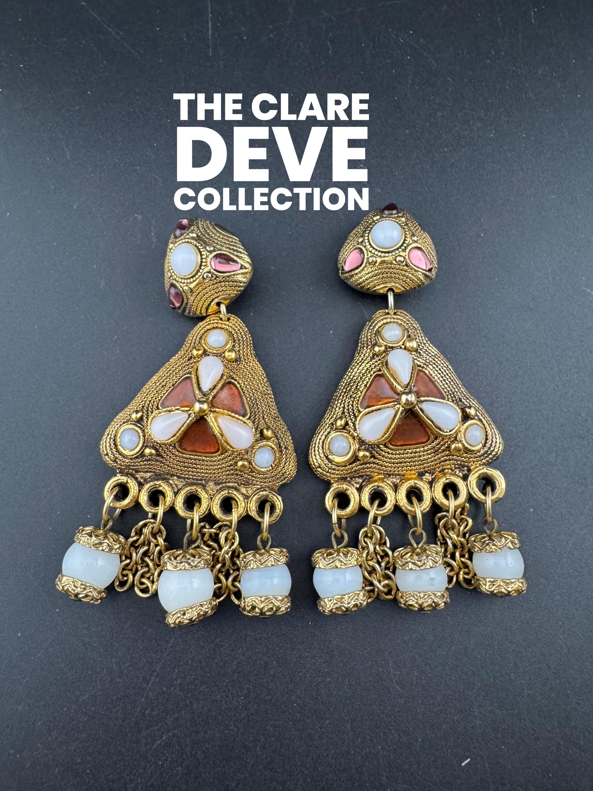 1980s signed Clare Deve huge high end oversized pair of faux pearl 10.5cm glass cab dangly drop clip on earrings , Paris designer gold resin