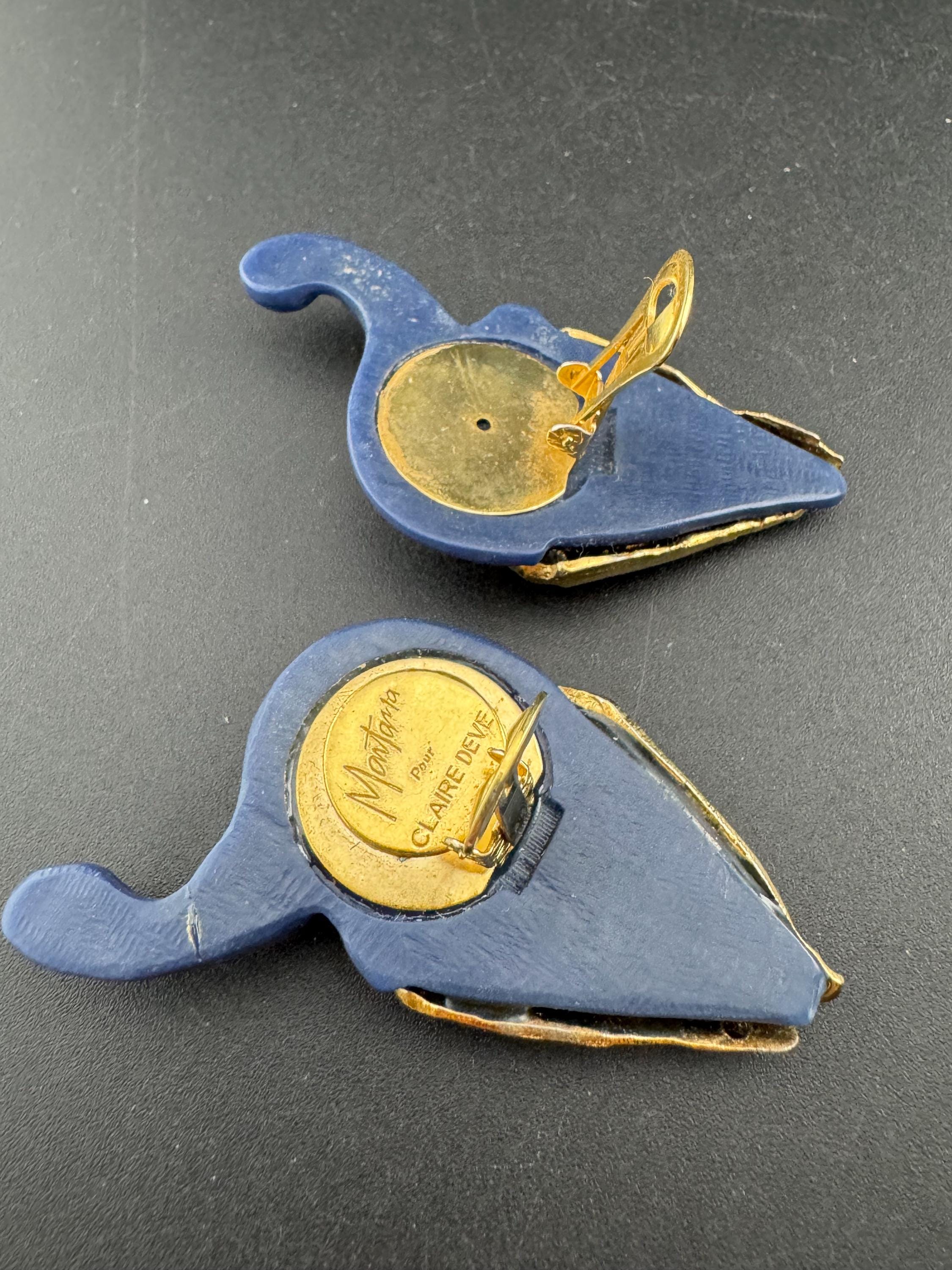 1980s signed Clare Deve for Claude Montana high end oversized pair of blue gold resin clip on earrings , Paris designer