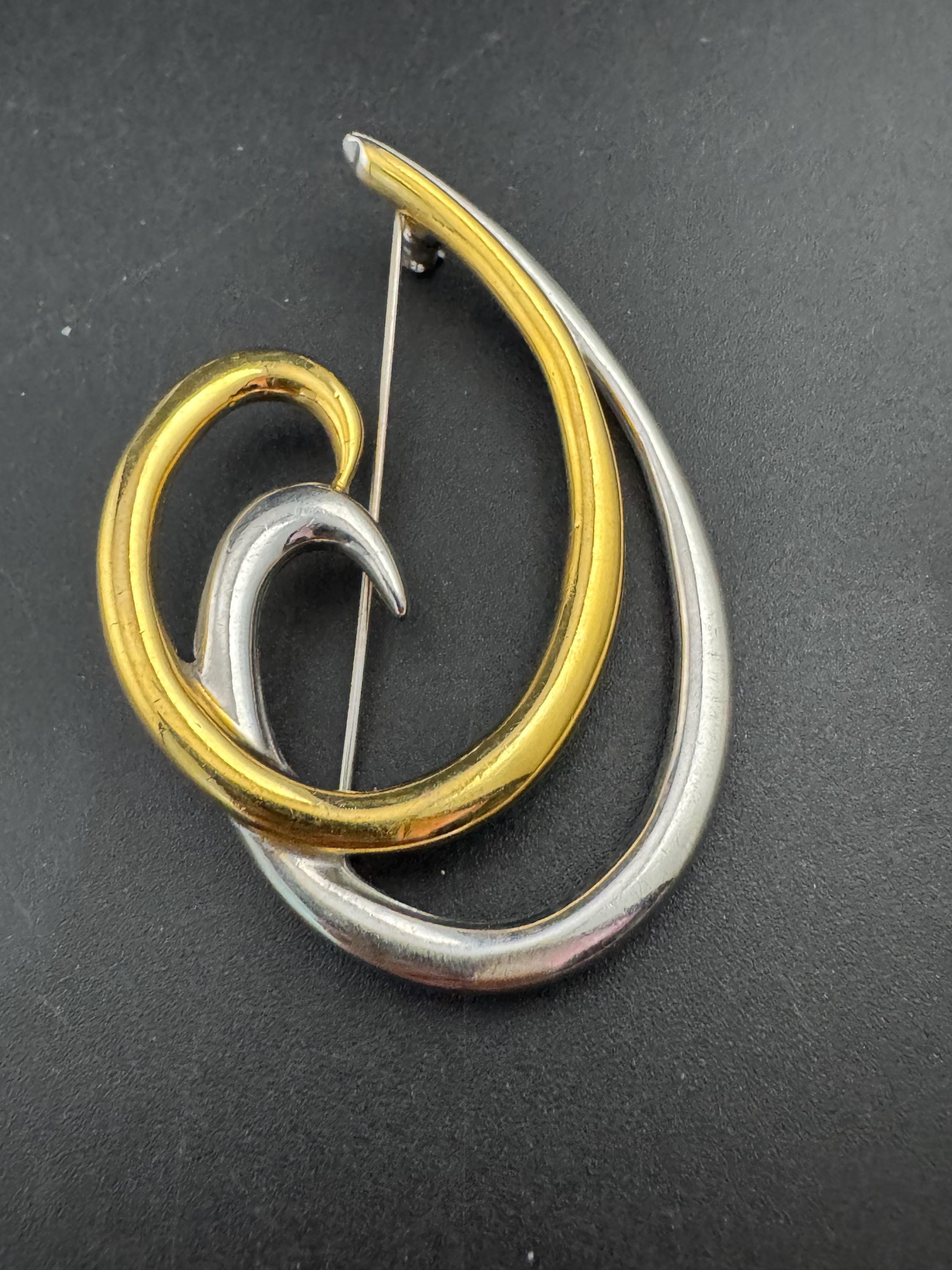 Signed MONET large abstract modernist swirl brooch, 6cm gold and silver tone