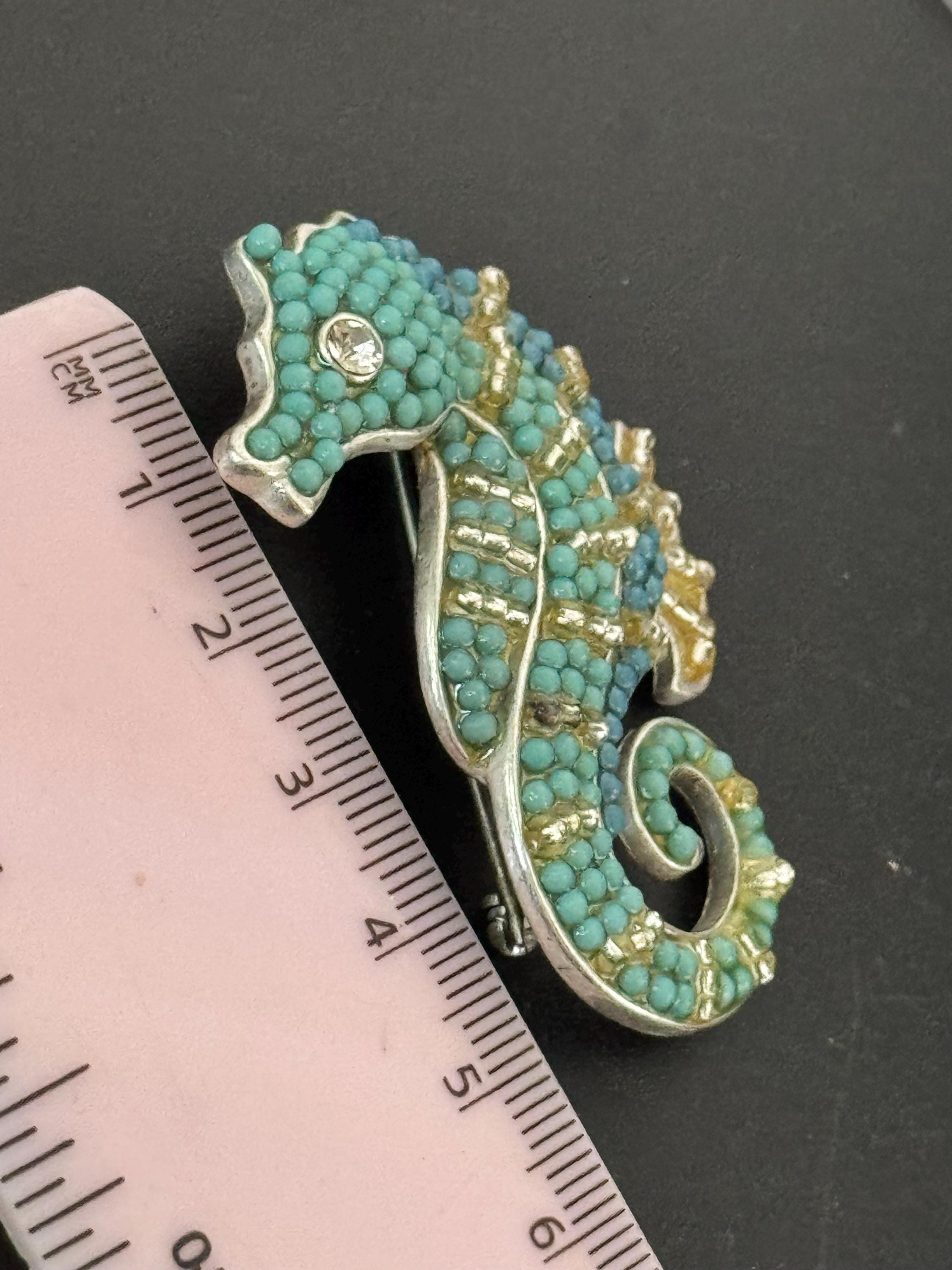 Signed Liz Claiborne seahorses brooch, large with turquoise beading