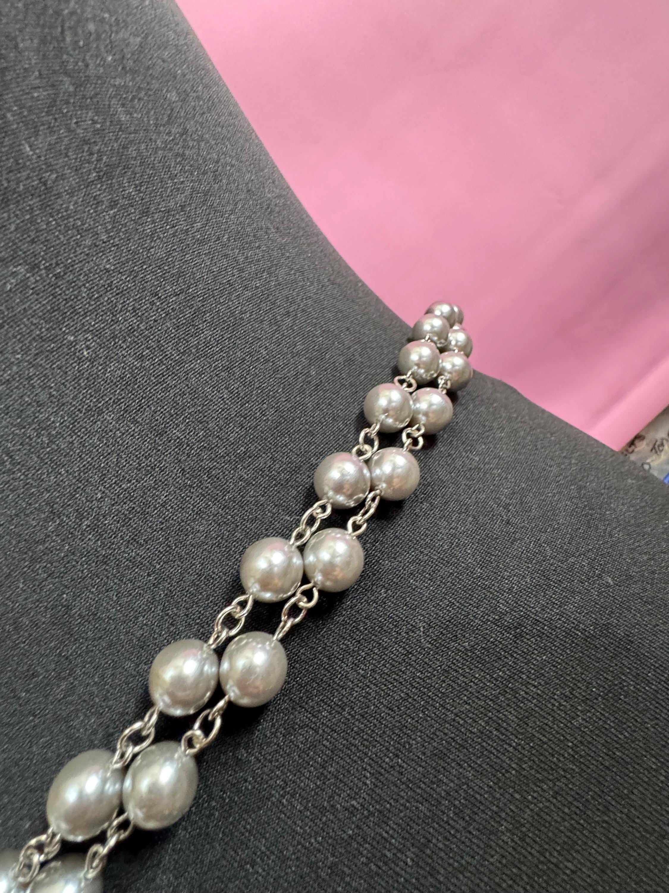 Vintage silver tone chain link adjustable fashion chain metal belt with grey faux pearls and rhinestone paste clasp 1990s statement