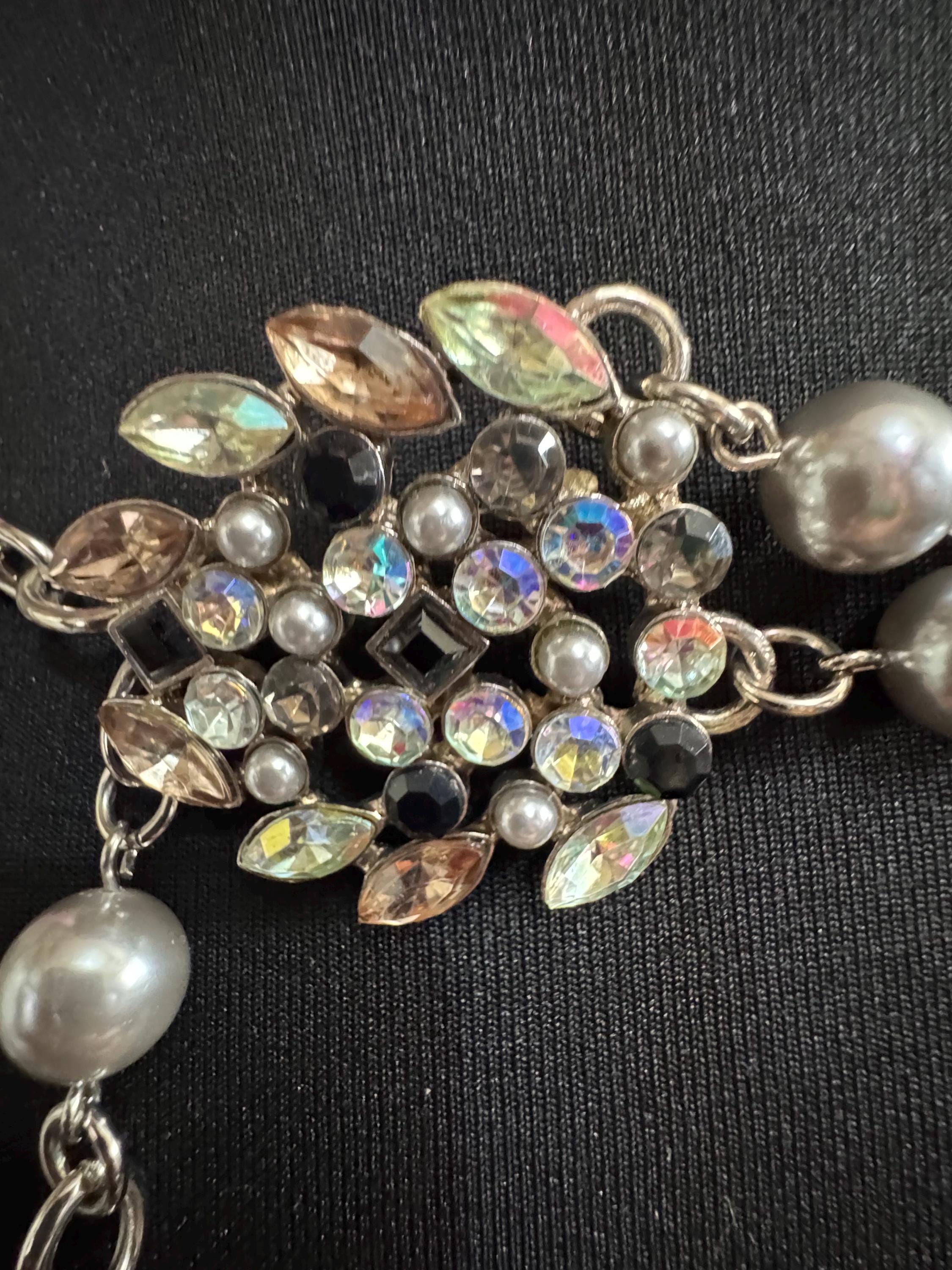 Vintage silver tone chain link adjustable fashion chain metal belt with grey faux pearls and rhinestone paste clasp 1990s statement