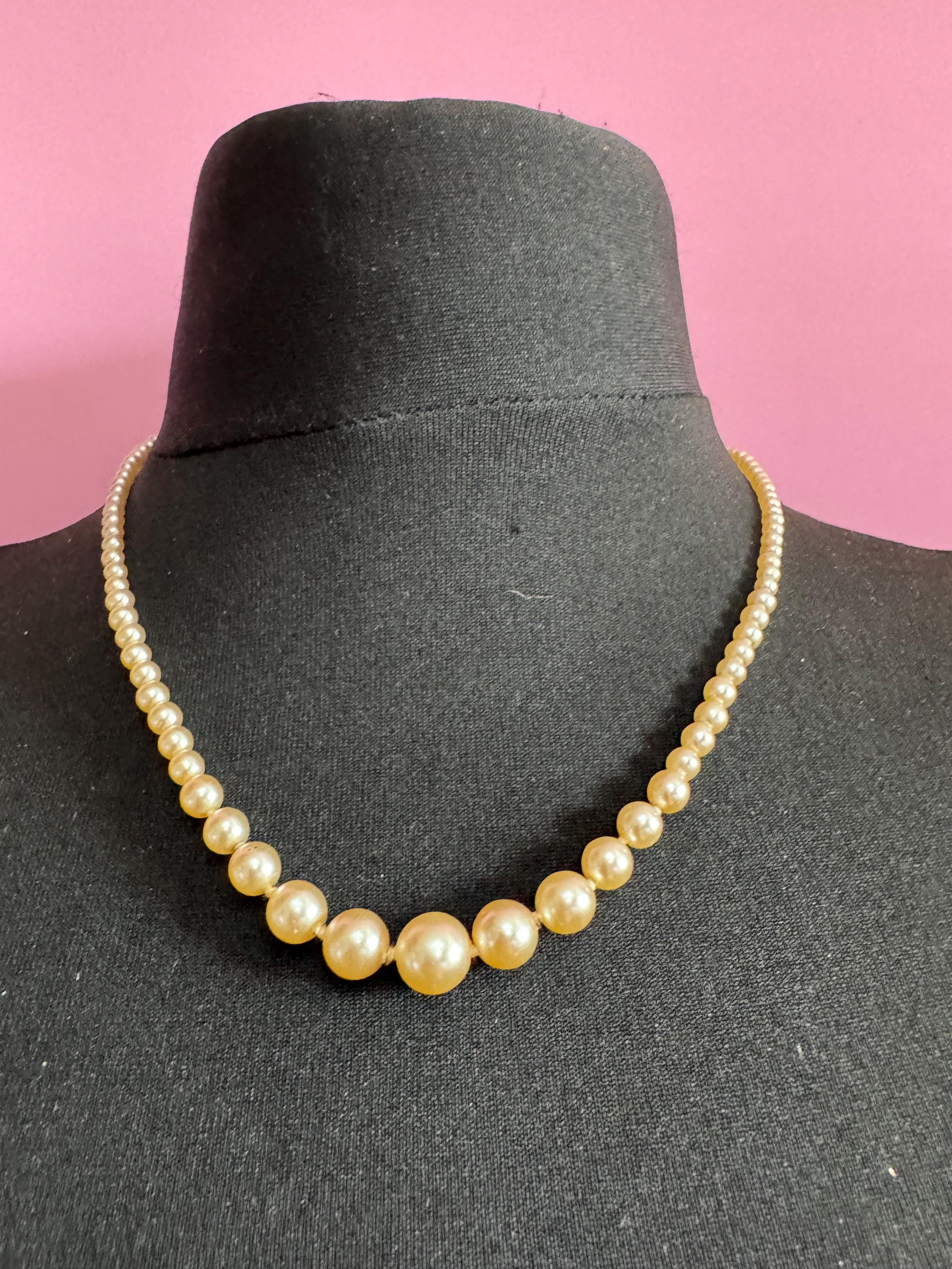 Signed damart vintage cream glass pearl necklace silver tone 50cm graduated beads