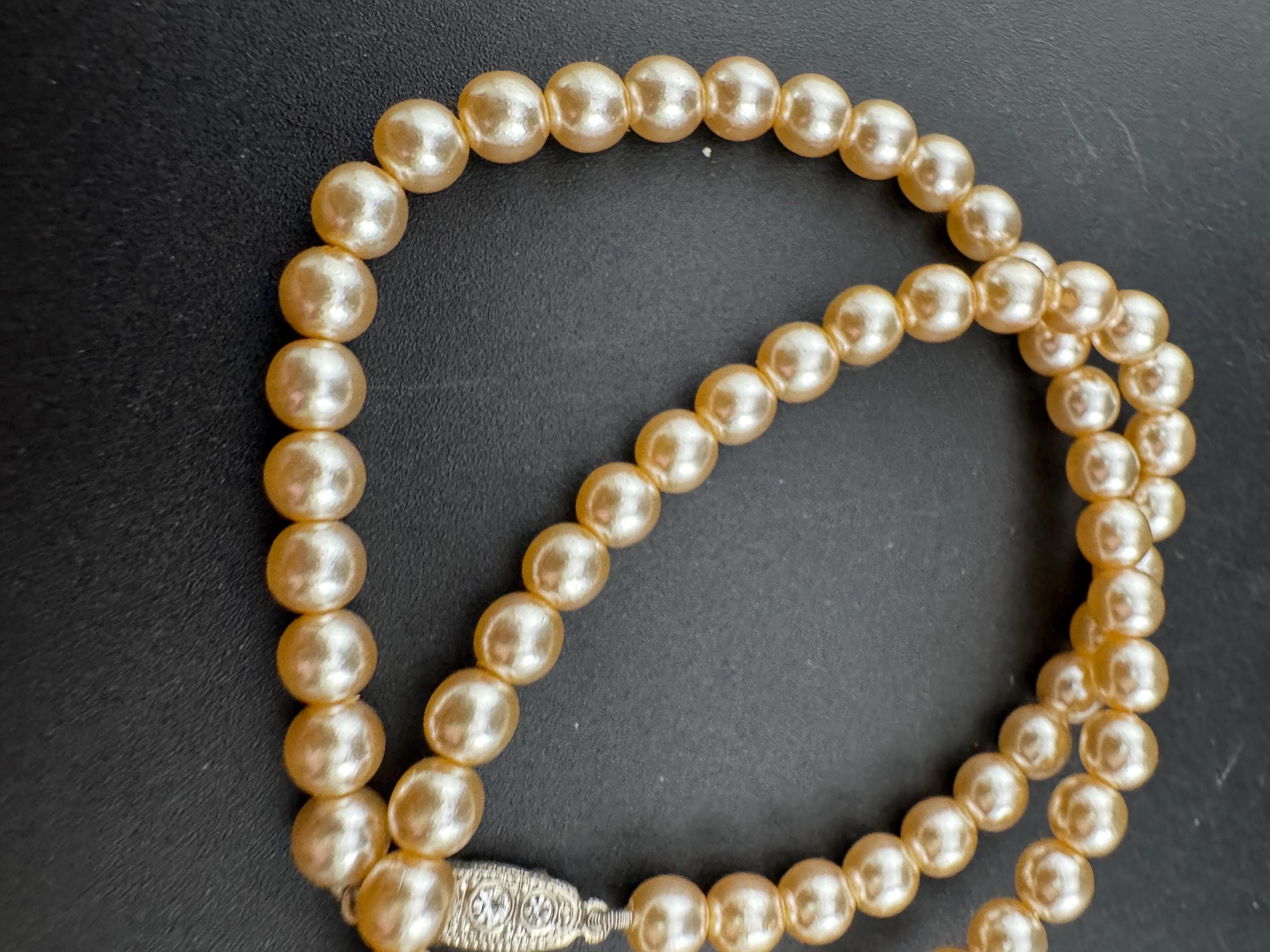 Petite fit vintage cream glass pearl necklace silver tone rhinestone clasp 40cm 6mm beads