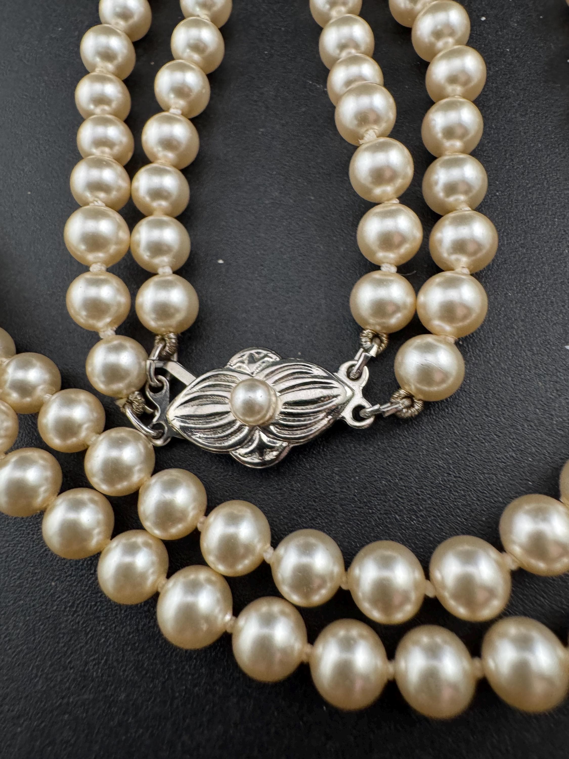 Vintage Double Strand Glass Pearl Necklace: Diamanté Clasp, 50cm