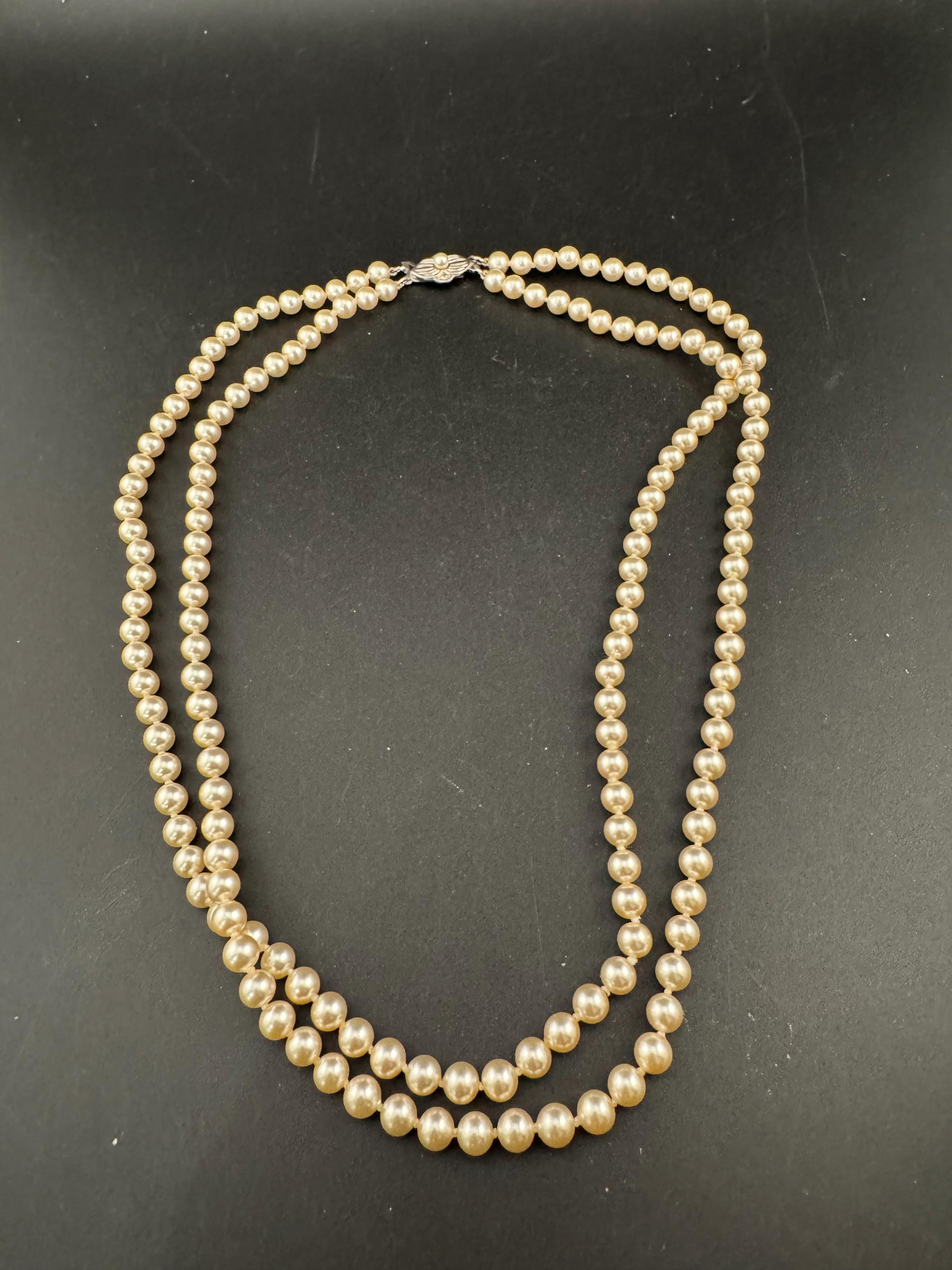 Vintage Double Strand Glass Pearl Necklace: Diamanté Clasp, 50cm