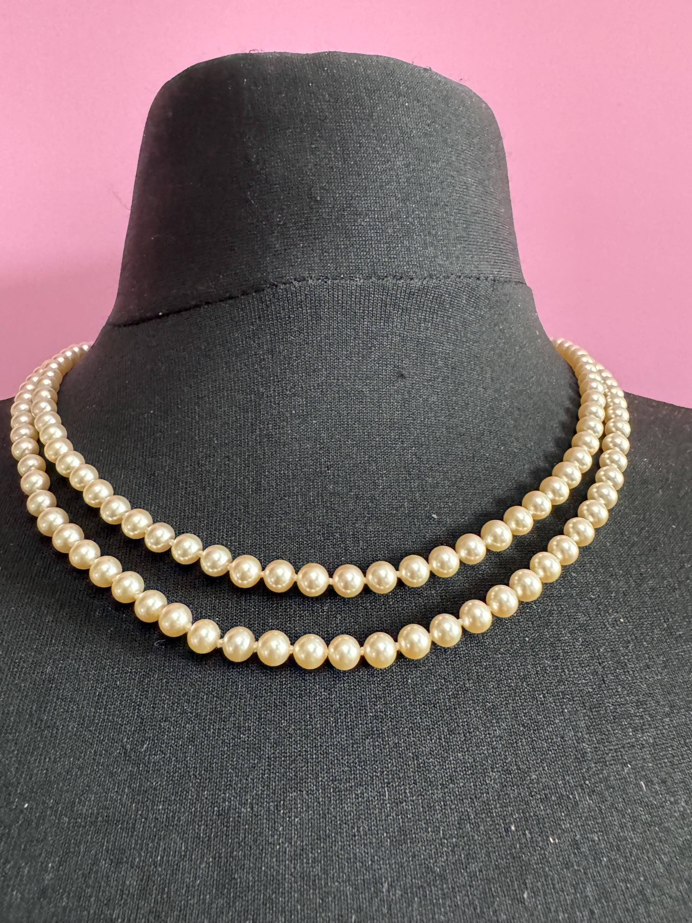Vintage Double Strand Glass Pearl Necklace: Diamanté Clasp, 50cm