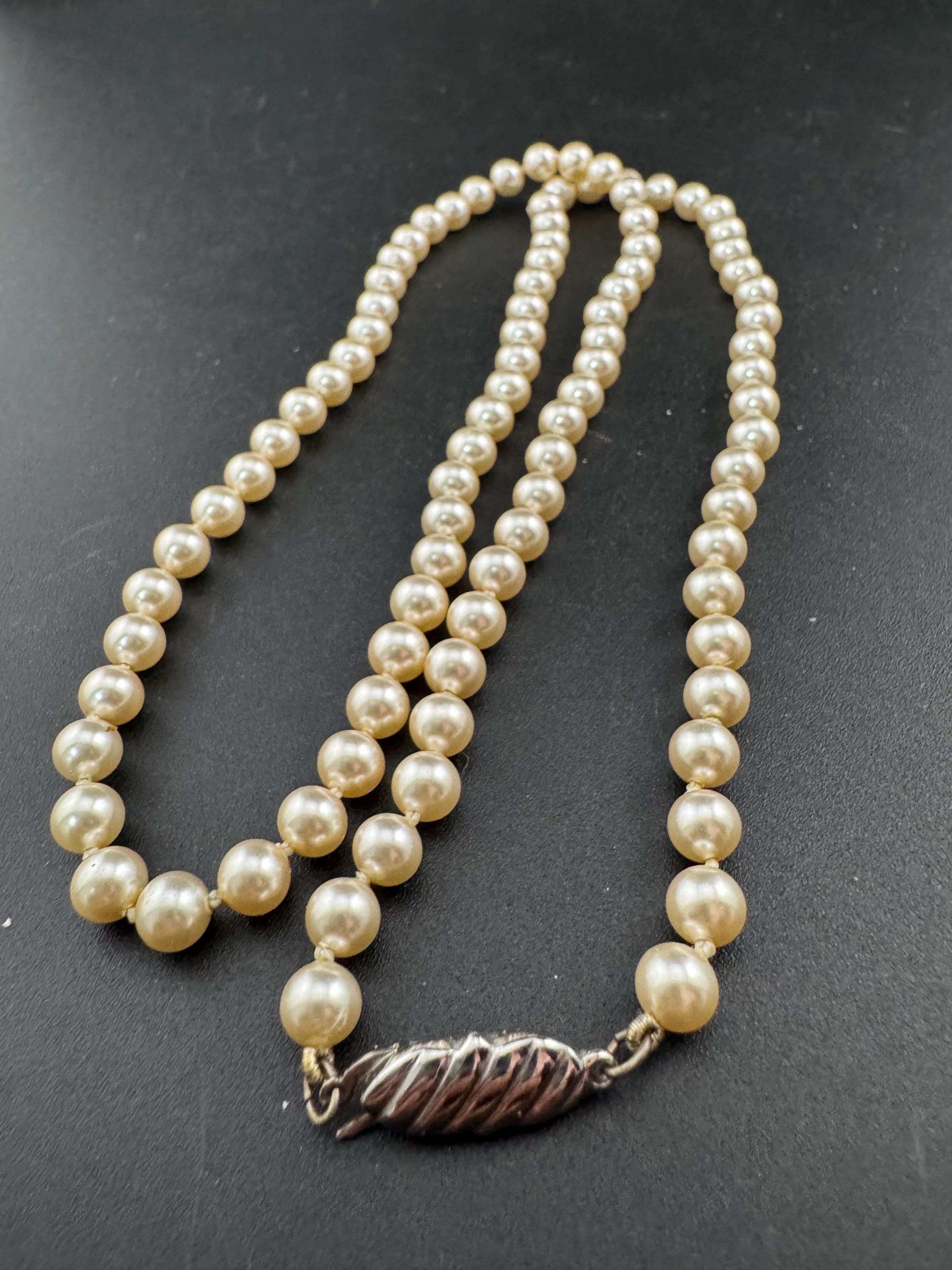 vintage cream knotted glass pearl necklace silver tone clasp 60cm 6mm beads