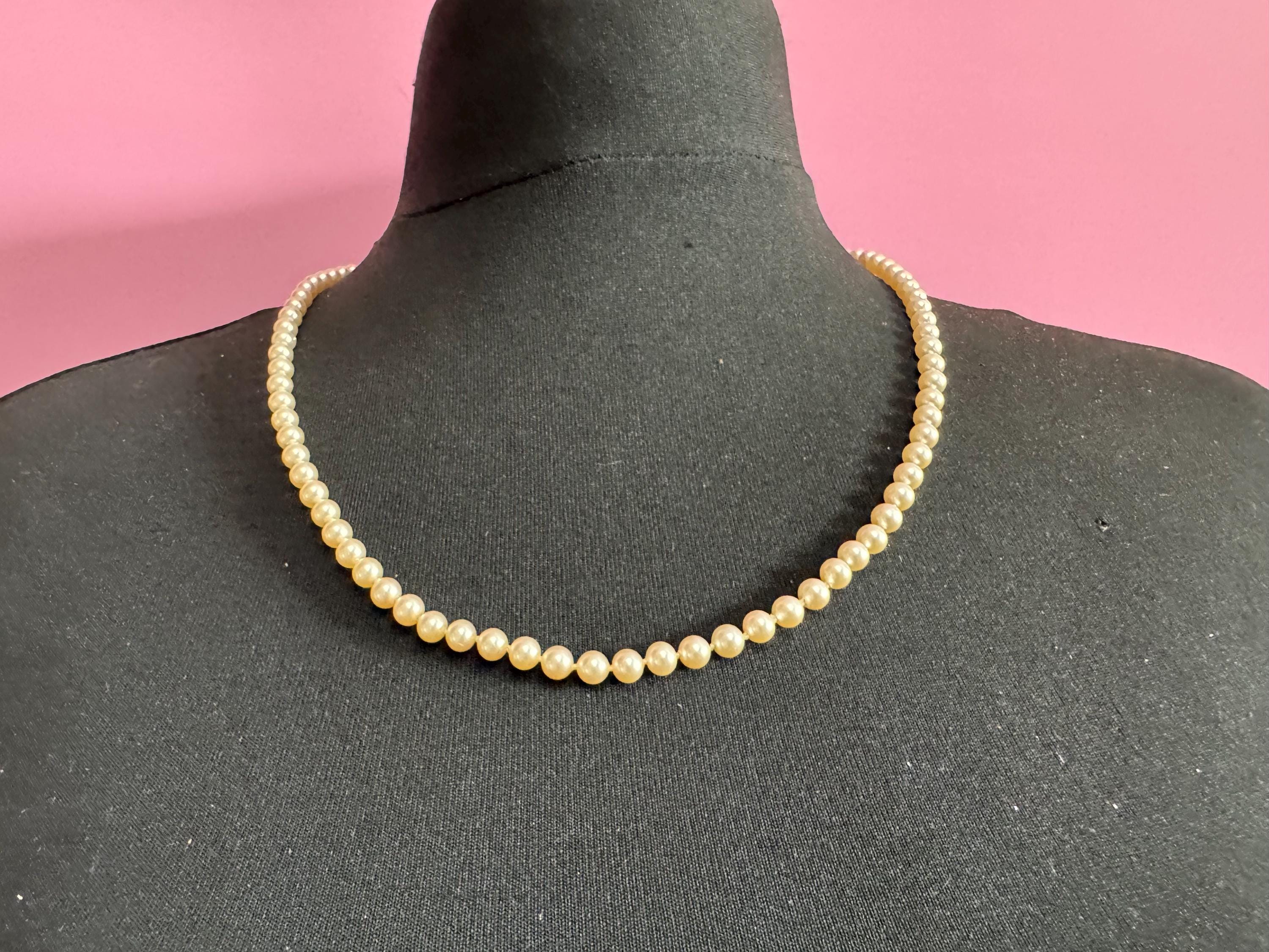 vintage cream knotted glass pearl necklace silver tone clasp 60cm 6mm beads