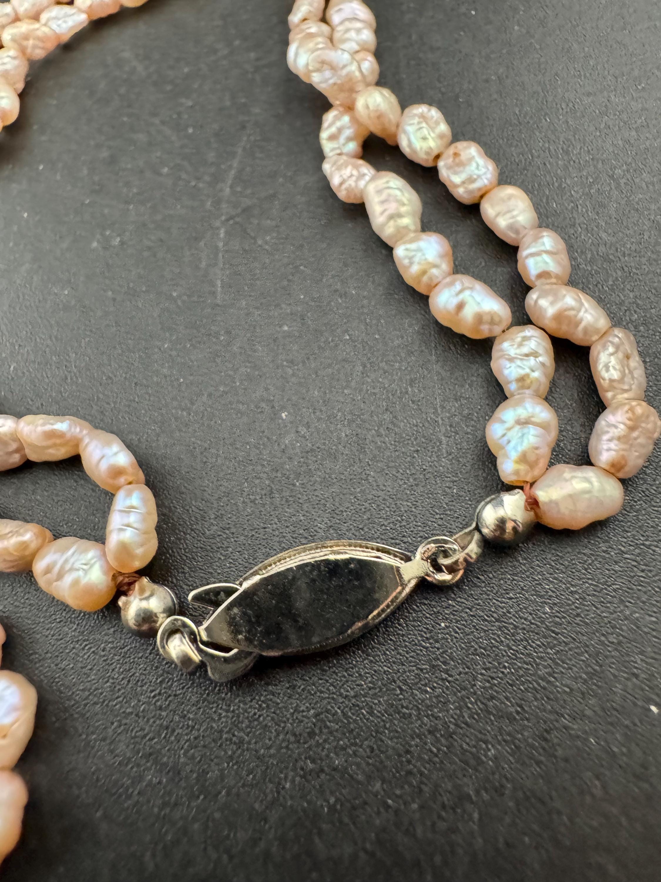 Vintage 2 row natural real freshwater pink rice Pearl seed beaded necklace with silver tone clasp 42cm
