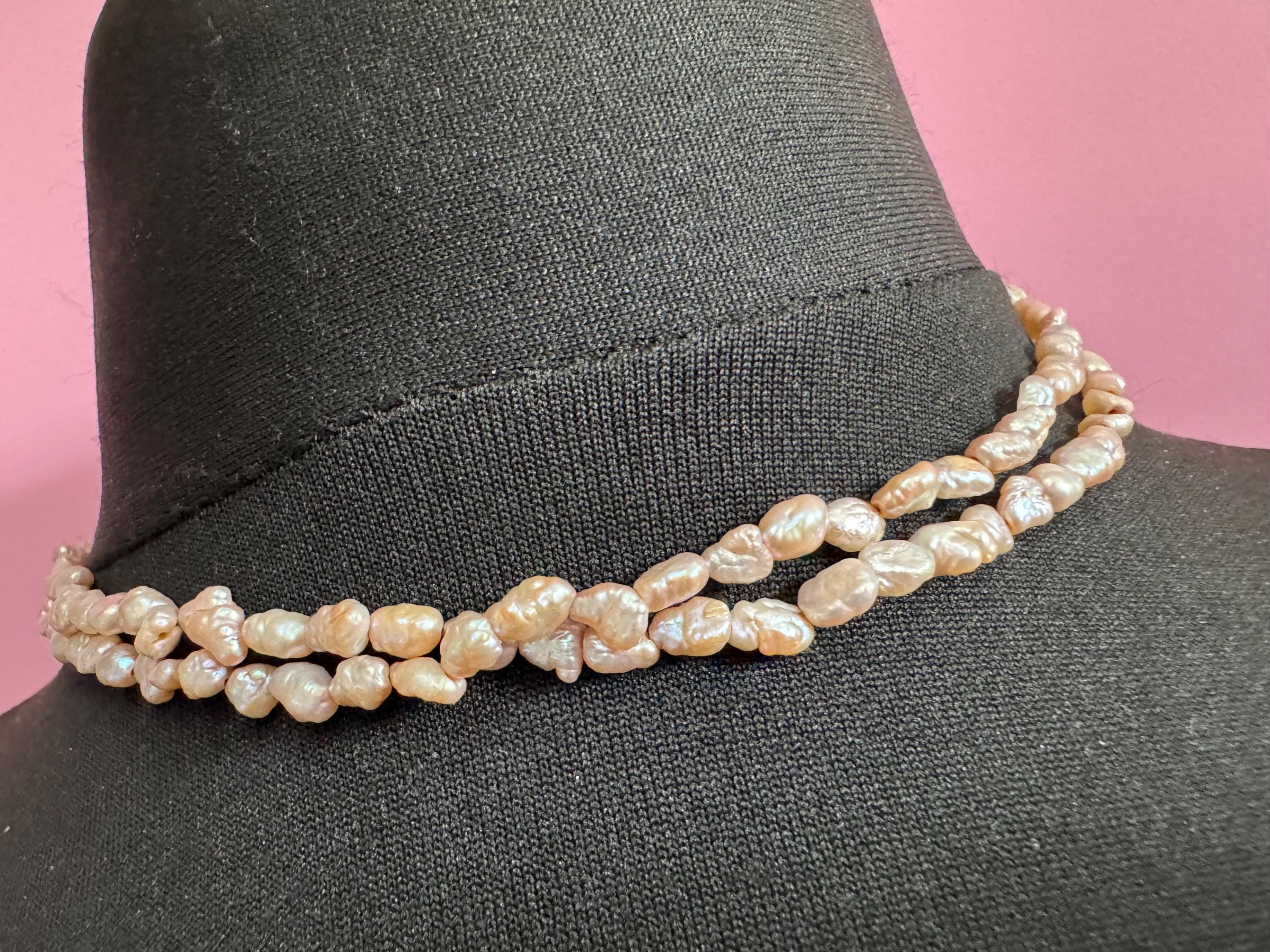 Vintage 2 row natural real freshwater pink rice Pearl seed beaded necklace with silver tone clasp 42cm
