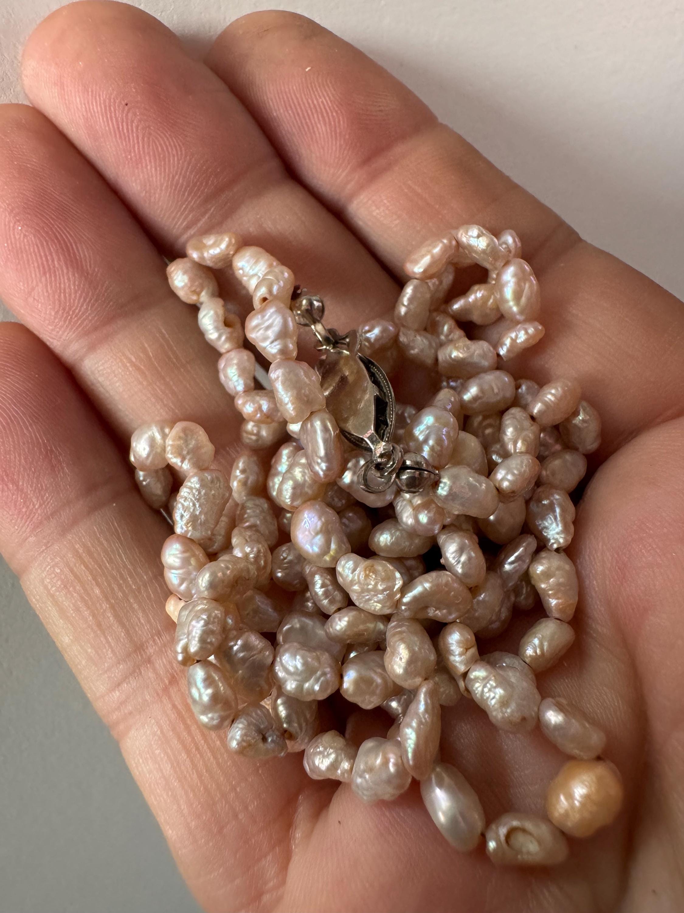 Vintage 2 row natural real freshwater pink rice Pearl seed beaded necklace with silver tone clasp 42cm
