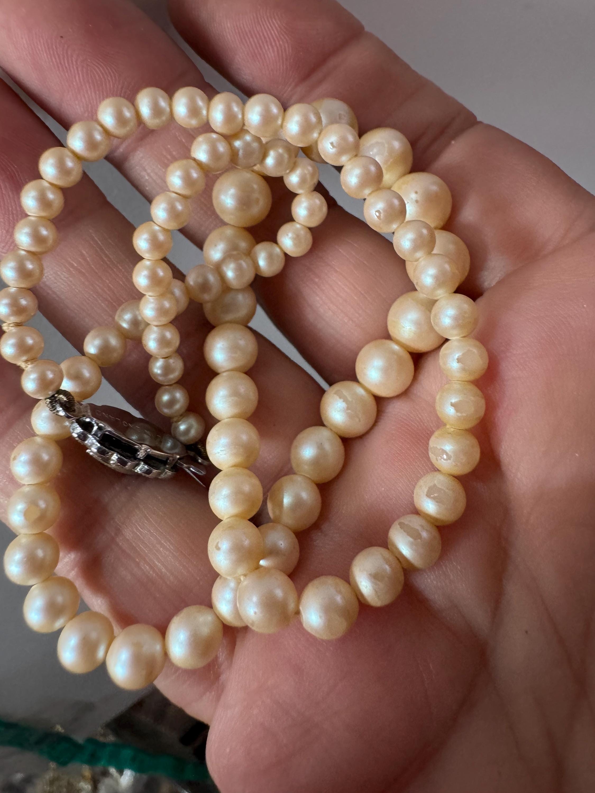 vintage cream glass pearl necklace silver tone sapphire rhinestone clasp 42cm graduated beads