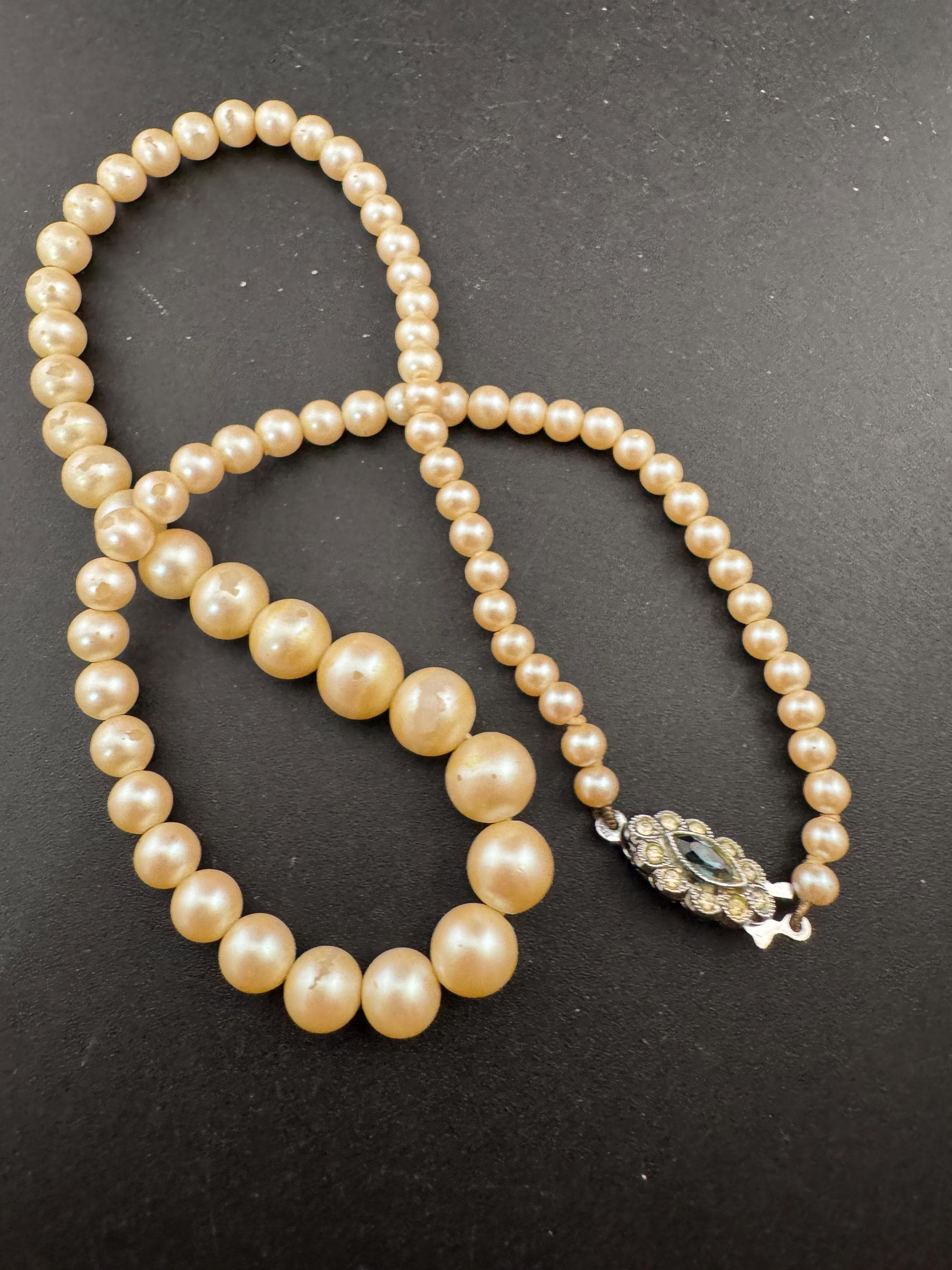 vintage cream glass pearl necklace silver tone sapphire rhinestone clasp 42cm graduated beads