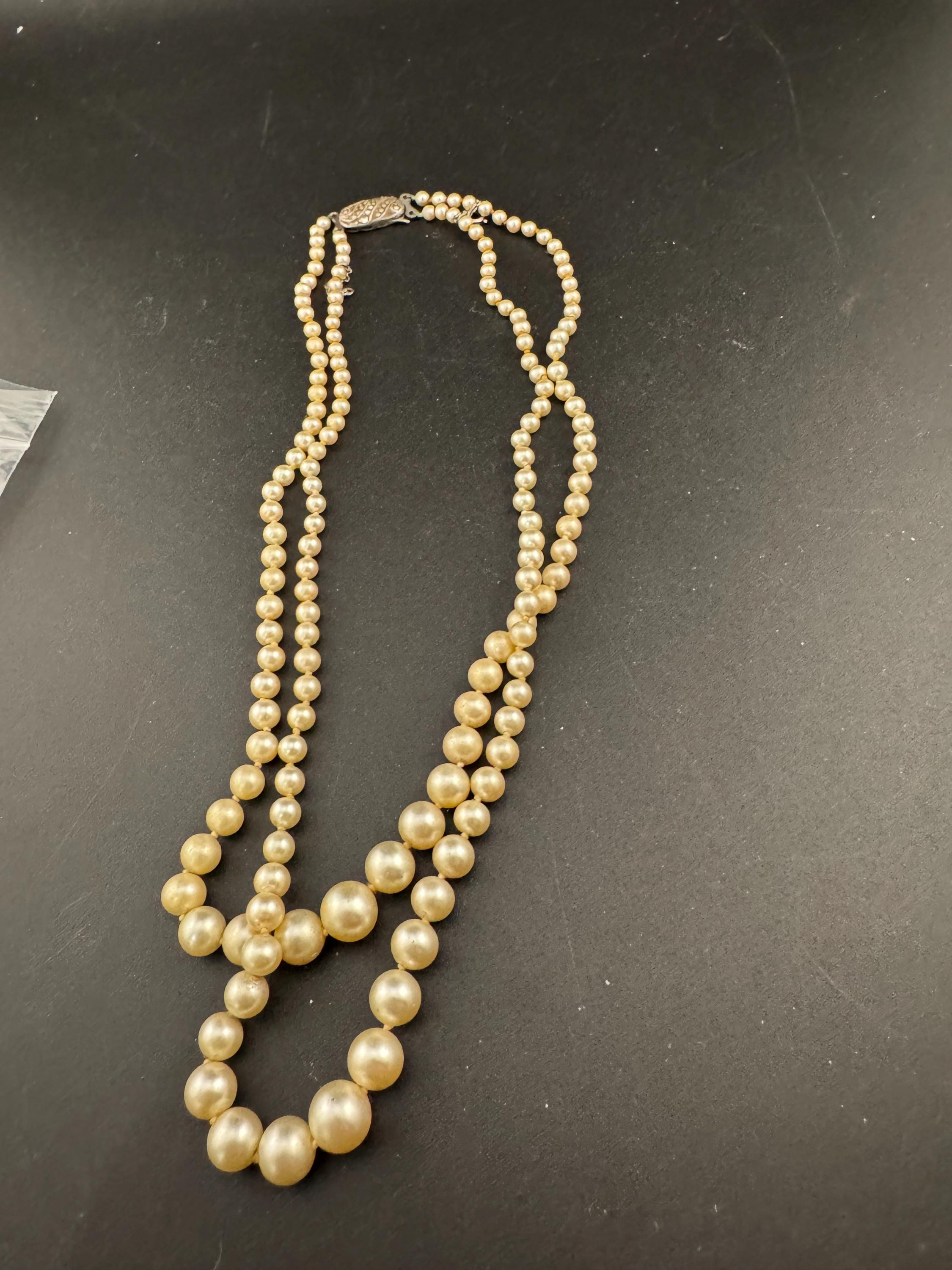 Signed lotus vintage 2 row double strand glass Pearl necklace light cream 42cm 925 silver clasp with safety chain