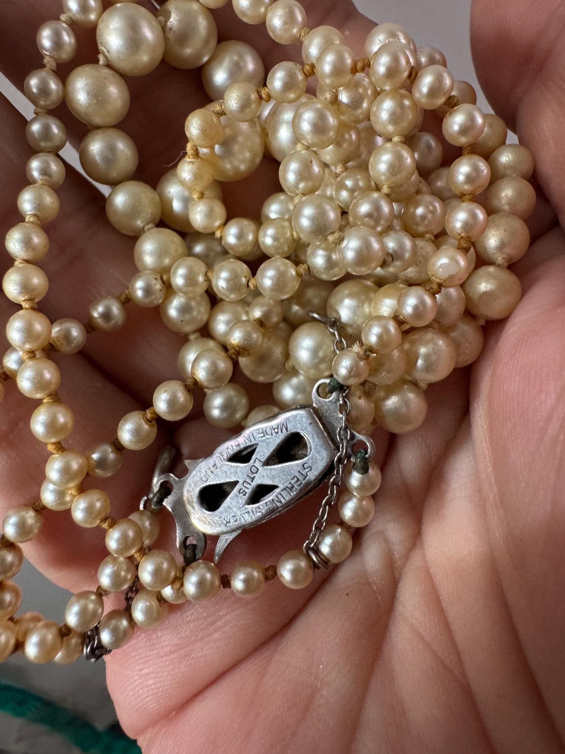 Signed lotus vintage 2 row double strand glass Pearl necklace light cream 42cm 925 silver clasp with safety chain