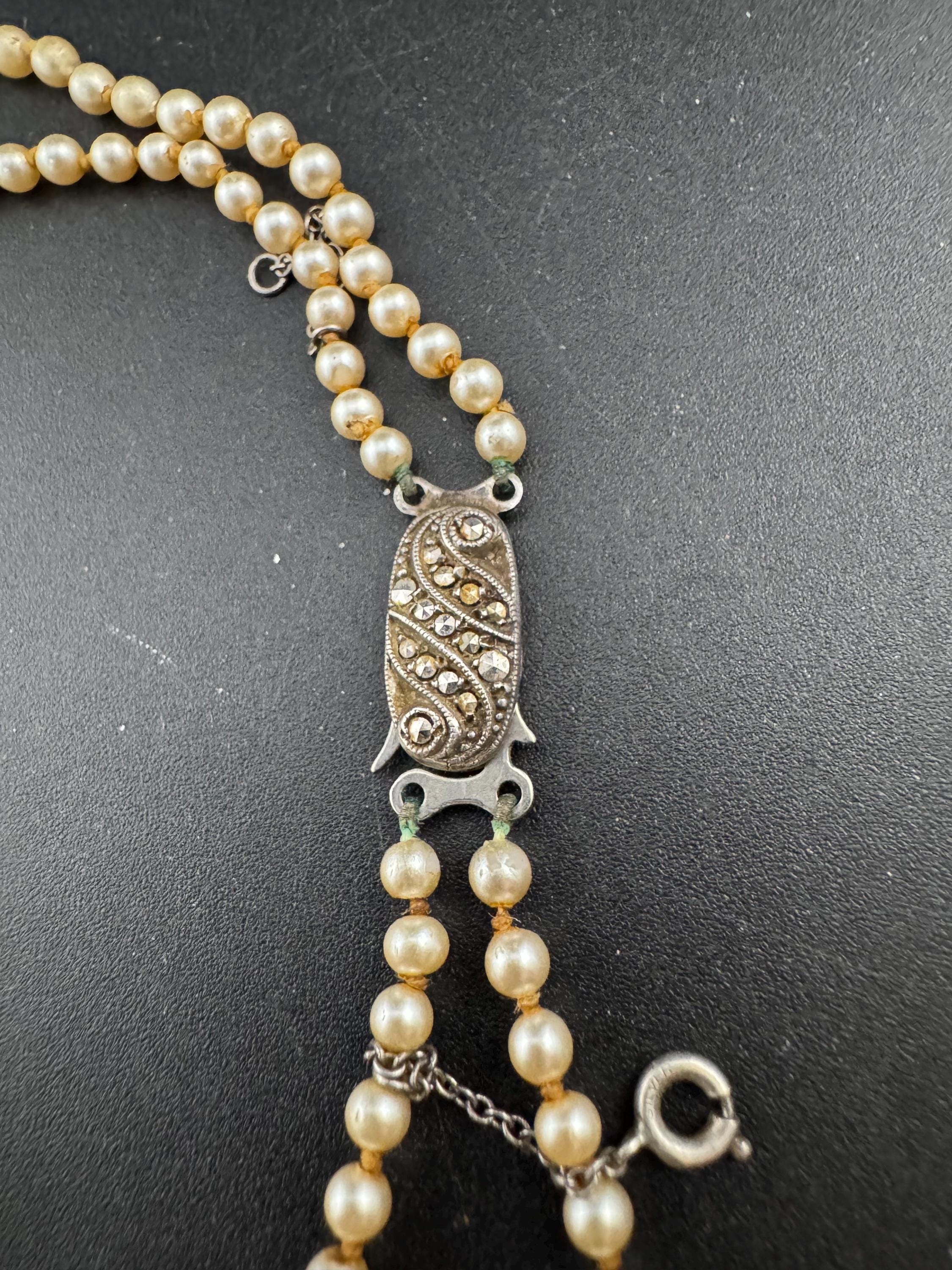 Signed lotus vintage 2 row double strand glass Pearl necklace light cream 42cm 925 silver clasp with safety chain