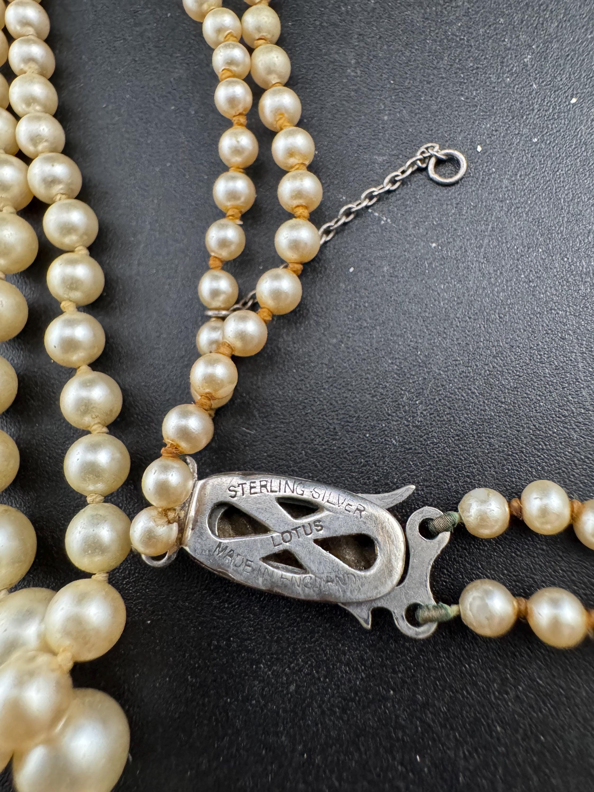 Signed lotus vintage 2 row double strand glass Pearl necklace light cream 42cm 925 silver clasp with safety chain