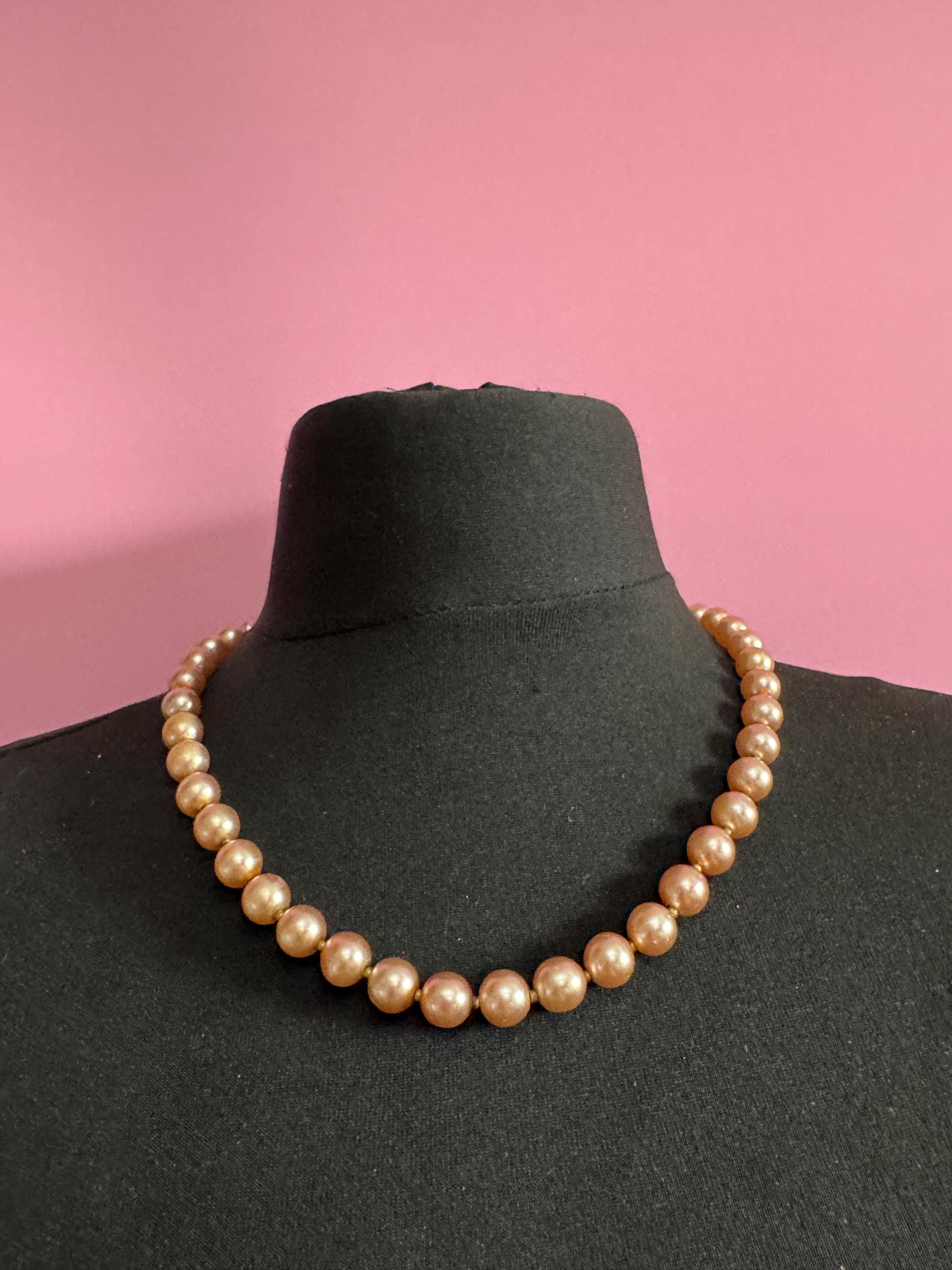 chunky pink tone spacer beaded 1cm glass pearl short necklace, Vintage 54cm single strand, row of pearls silver tone barrel clasp