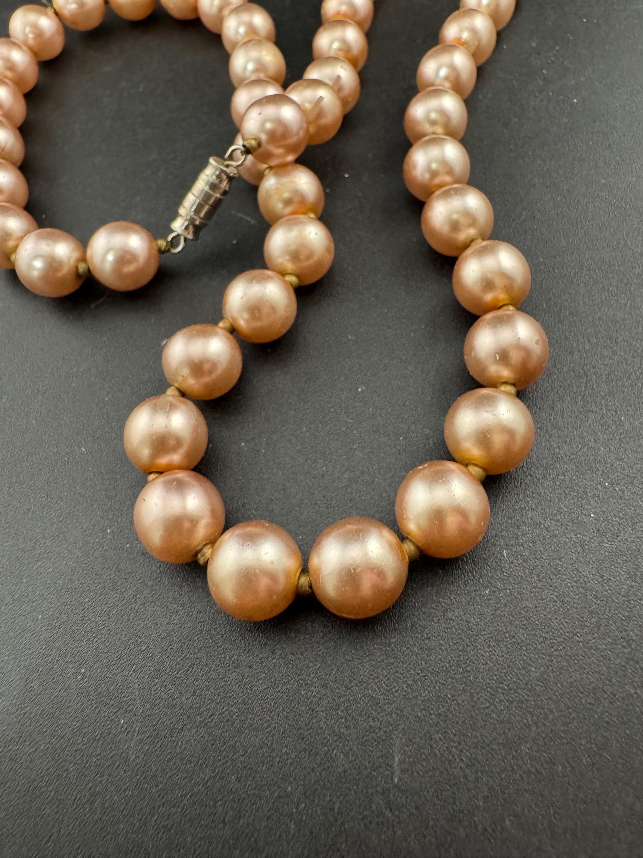 chunky pink tone spacer beaded 1cm glass pearl short necklace, Vintage 54cm single strand, row of pearls silver tone barrel clasp